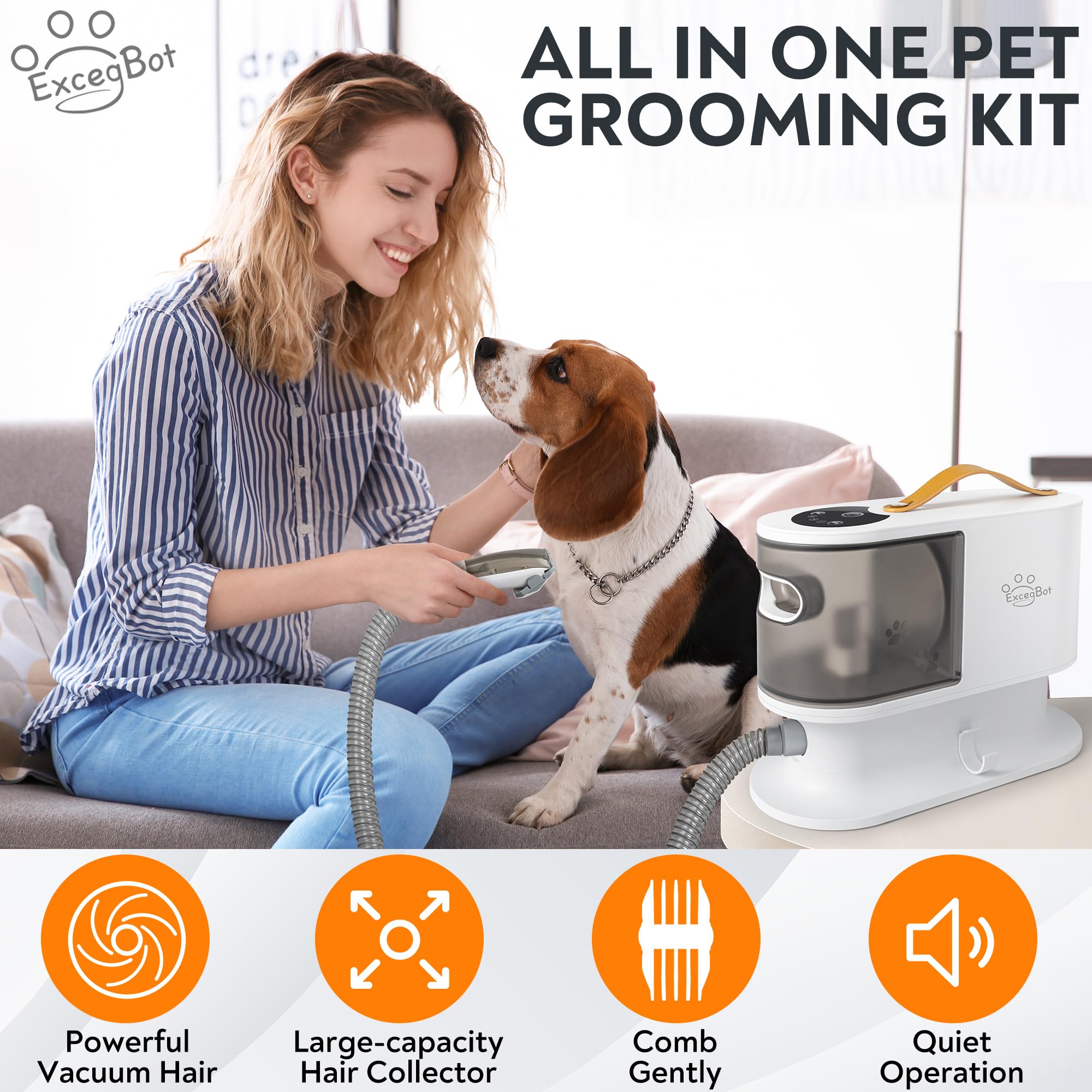Low Noise Dog Grooming Vacuum Kit - 12kPa Pet Hair Remover Brush with 2L Dust Cup, Collects 99% Pet Hair for Dogs & Cats - Perfect for Home Cleaning & Pet Grooming Salon Use