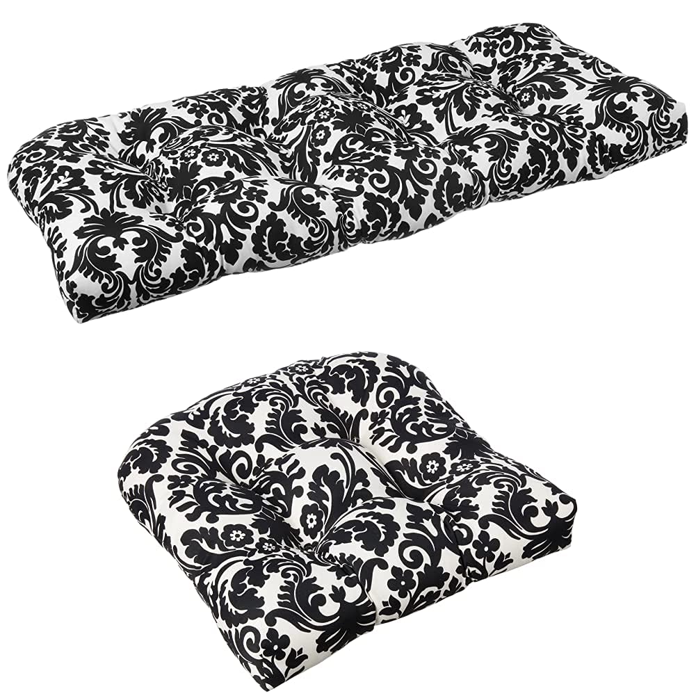 Premium Black Tufted Outdoor/Indoor Seat Cushions Set - 2 Pack Round Back (19