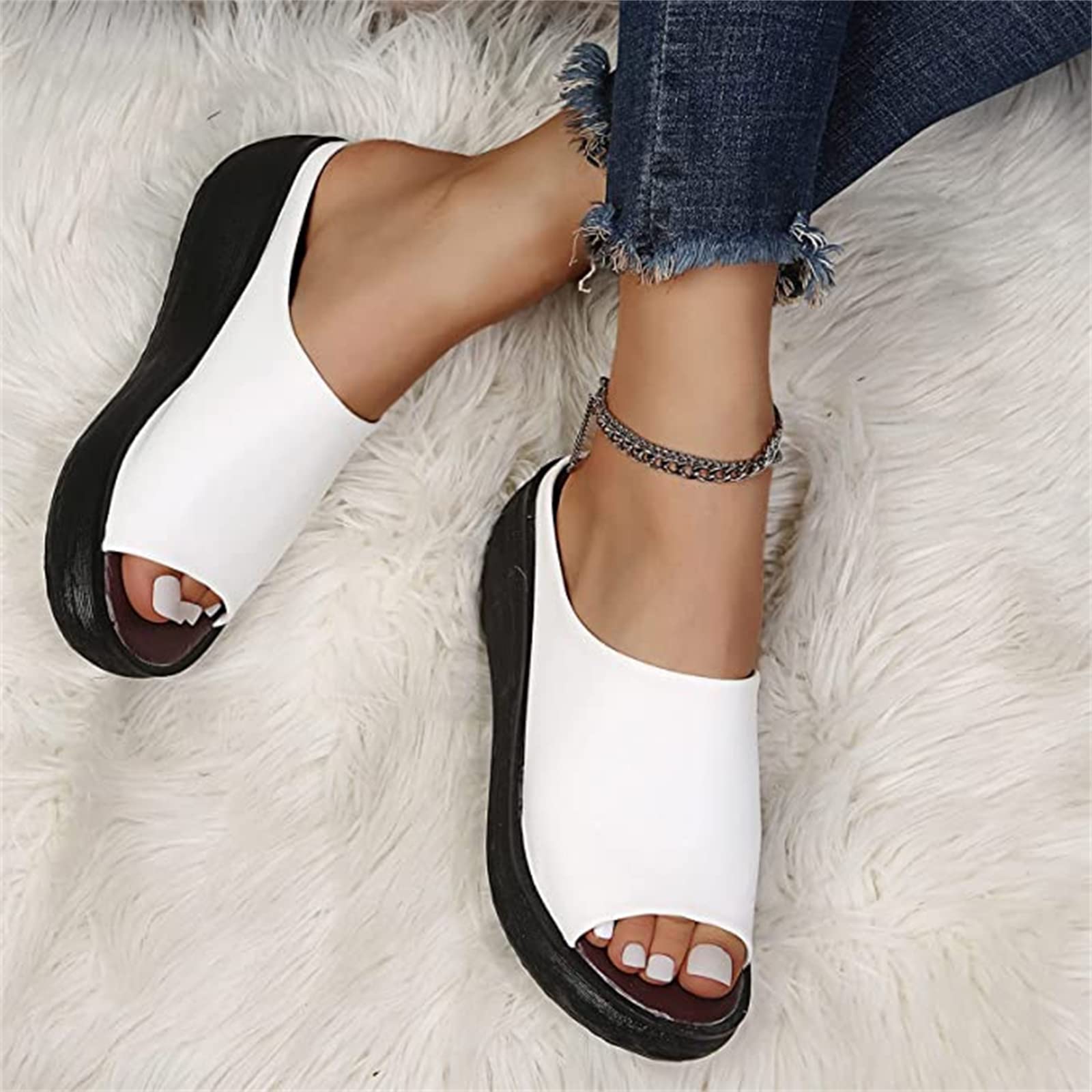 Women's Faux Leather Gladiator Sandals - Open Toe Slingback Flat Summer Slides with Thick Sole | Comfortable Casual Mule Slippers & Fish Mouth Design | Perfect for Beach, Vacation, and Everyday Wear (White, US5.5/EU36)