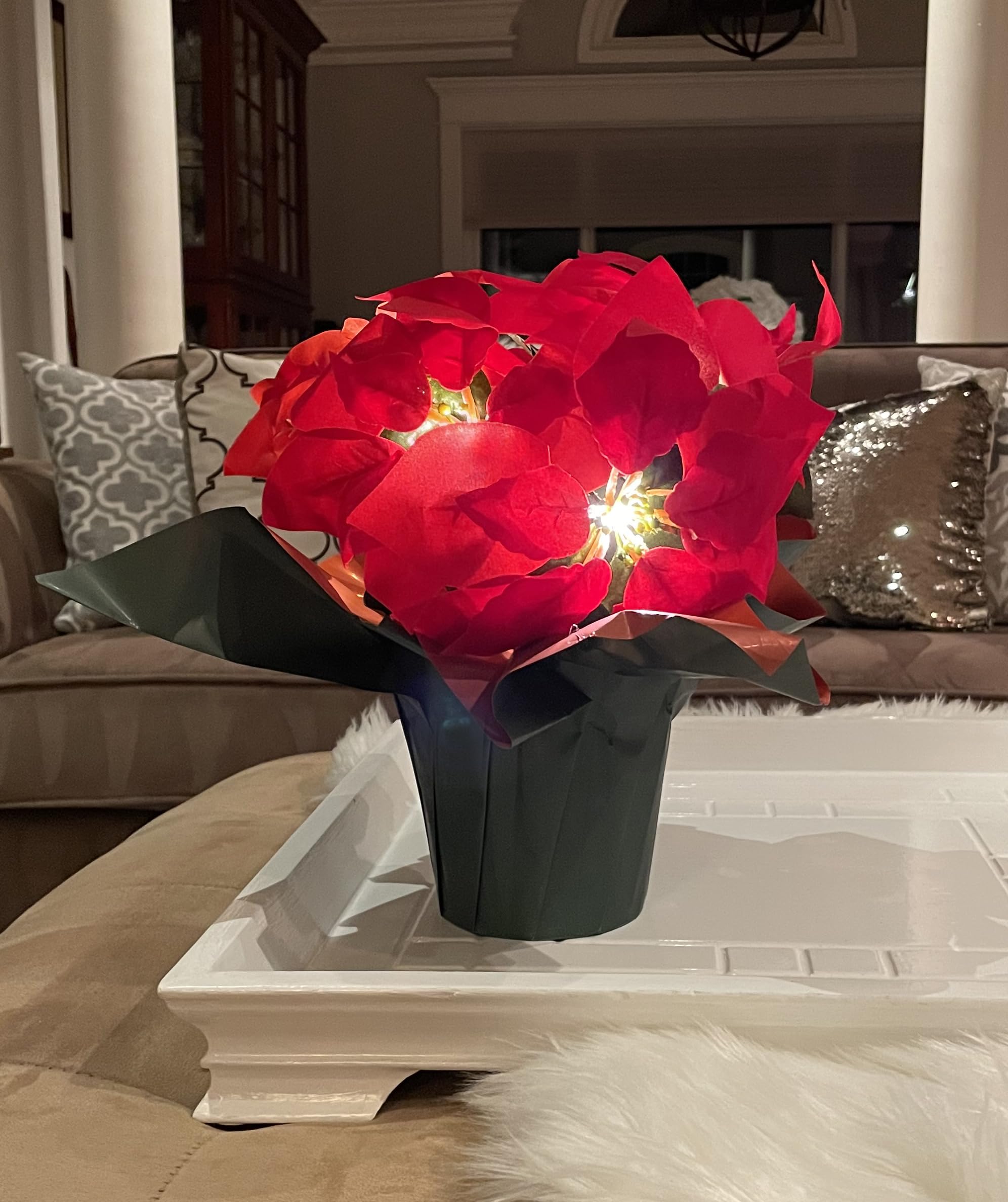 12 Inch LED Lighted Artificial Red Christmas Poinsettia Plant - Battery Operated with Timer - Perfect for Holiday Home Decor, Table Centerpiece, and Festive Party Decorations