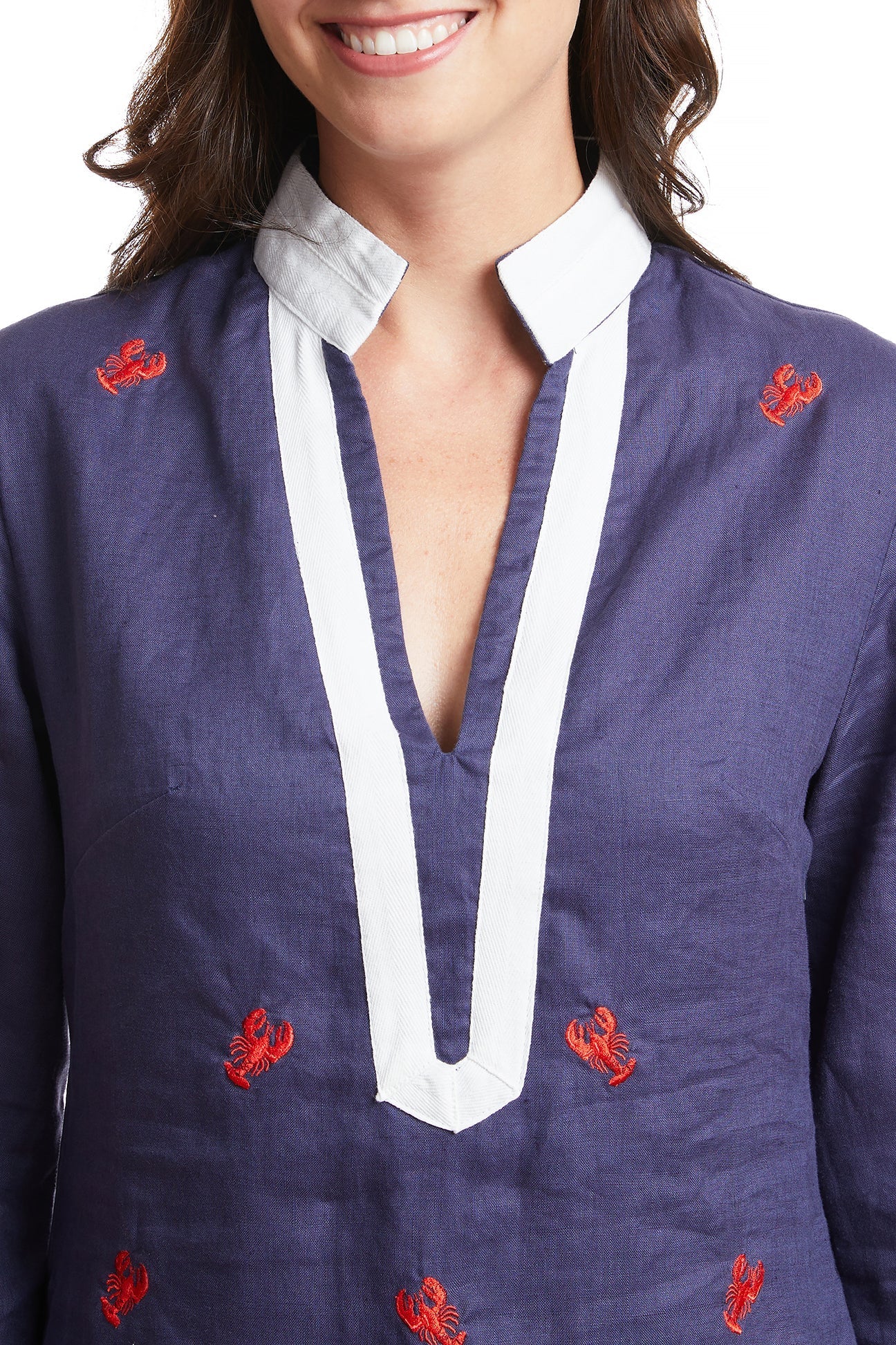 Women's Navy Blue Linen Tunic Dress with Lobster Print - Casual Summer Beachwear & Boho Style Outfit for Vacations