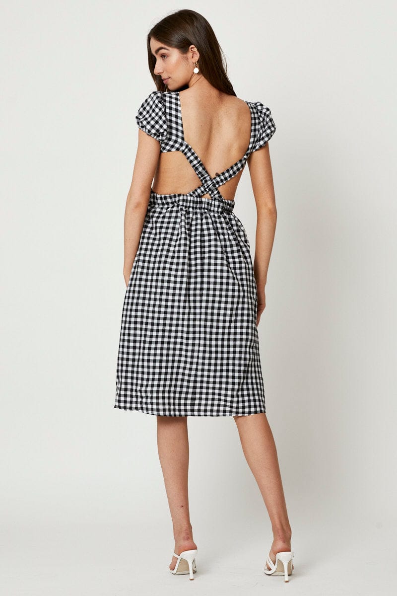Elegant Black Check Cross Back Dress for Women - Stylish & Comfortable Summer Outfit for Casual Wear, Parties & Date Nights