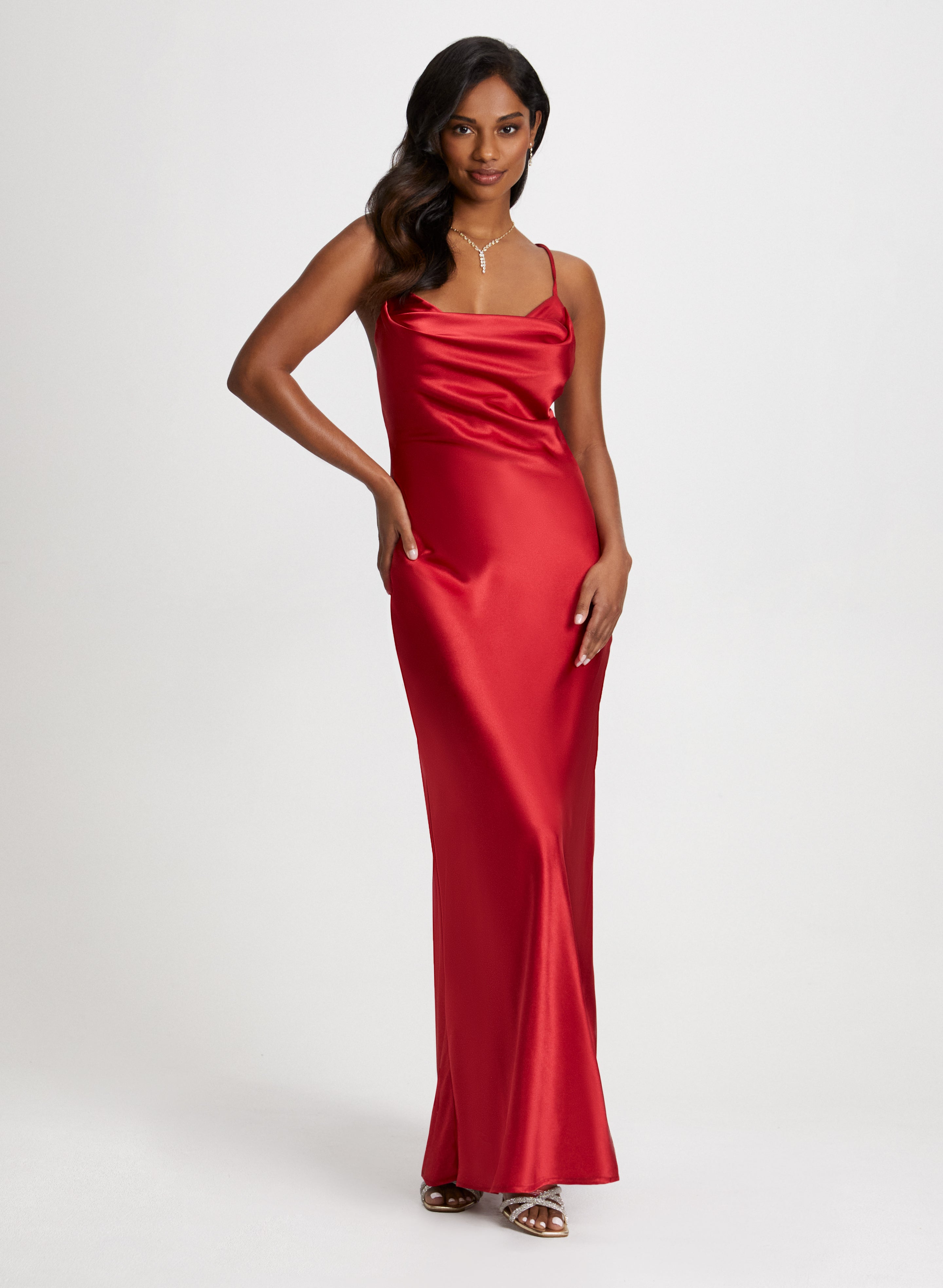 Elegant Drape Neck Satin Evening Dress with Crystal Y Necklace Set - Perfect for Prom, Wedding, and Formal Occasions