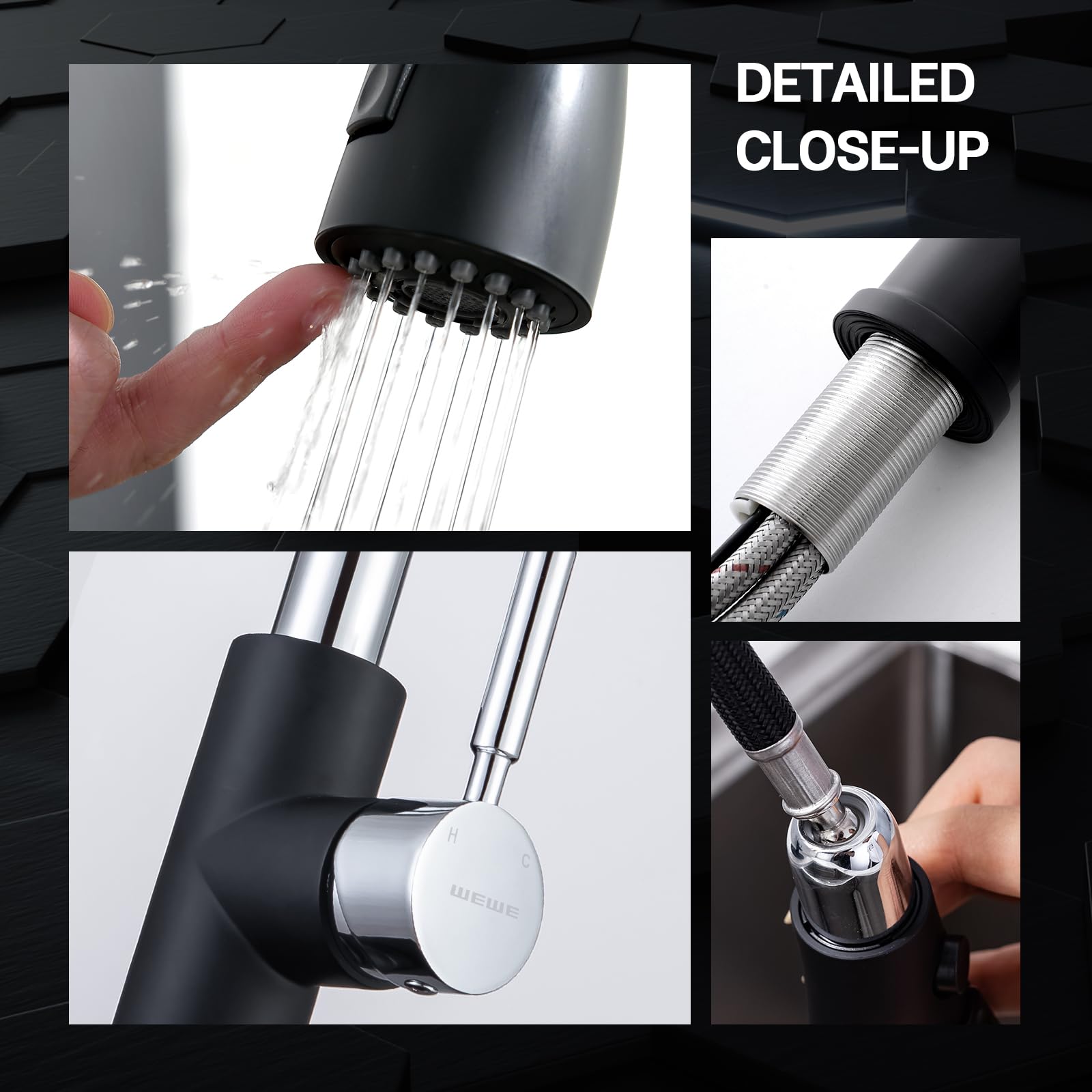 WEWE Black and Chrome Pull Down Kitchen Faucet with Sprayer - Stainless Steel Single Handle Sink Faucet for 1 or 3 Hole Installation - Perfect for Laundry Bars, Kitchen Sinks & Modern Home Upgrades