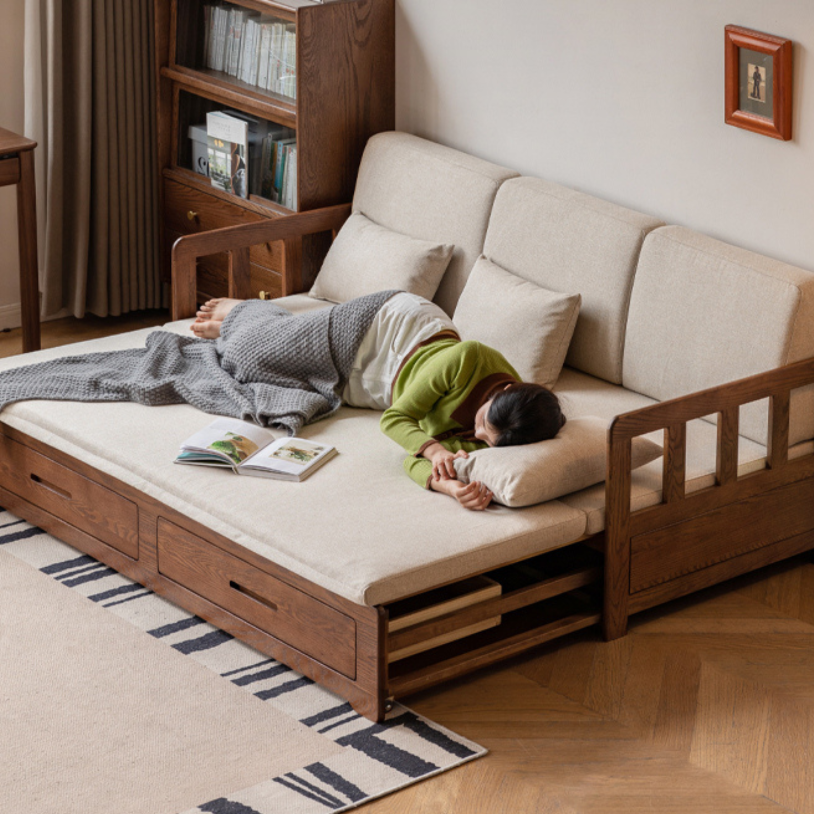 Solid Oak Wood Folding Sofa Bed with Storage | Convertible Guest Bed & Space-Saving Furniture for Small Apartments, Living Rooms & Home Offices