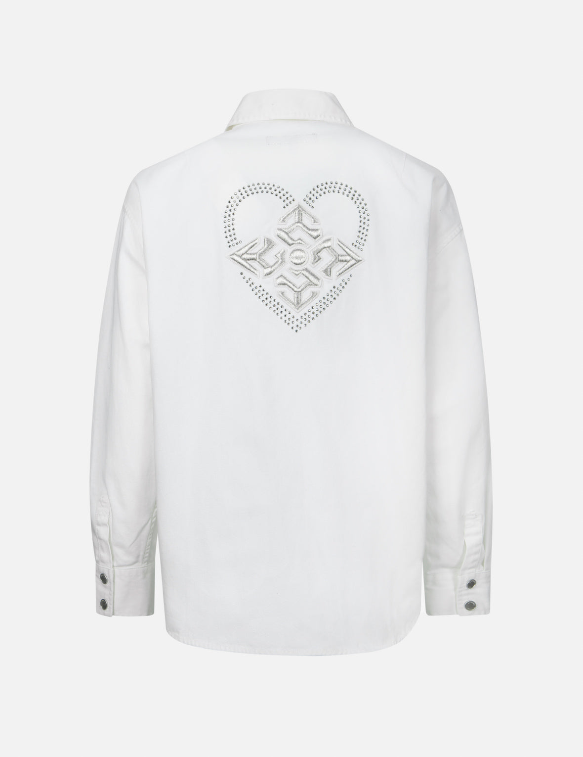 Stylish Kamon Embroidery Heart Rhinestone Relaxed Fit Shirt Jacket for Women - Casual Outerwear for Date Nights & Weekend Outings