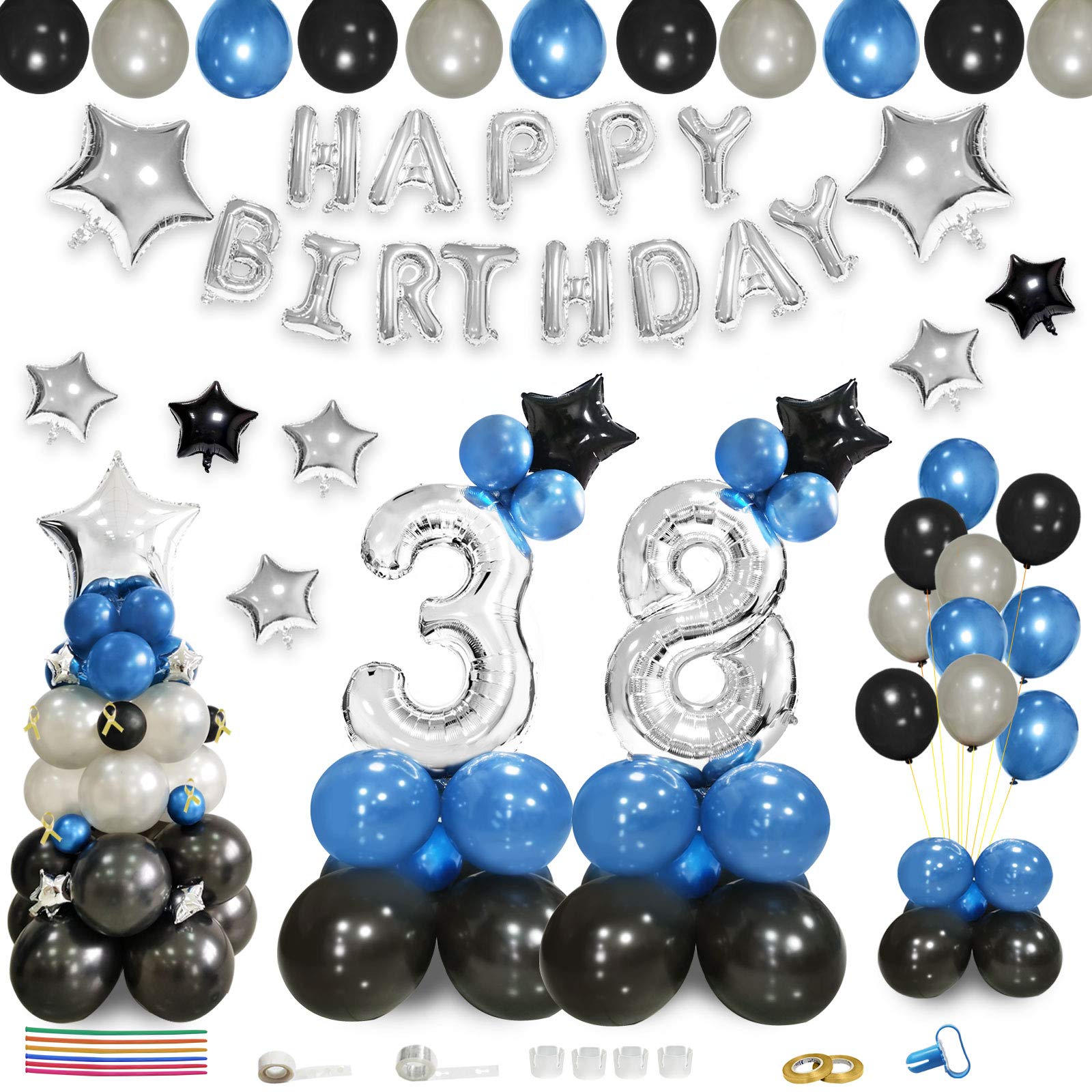 Elecrainbow 38th Birthday Party Decorations Kit - 32 Inch Balloon Stand, 16 Inch HAPPY BIRTHDAY Banner, Balloon Tree & Arch Kit with 57 Balloons, 100 Glue Dots, Strip, Tie Tool & Ribbons (75 Pieces) - Perfect for Adult Birthday Parties, Milestone Celebrations & Event Decorations
