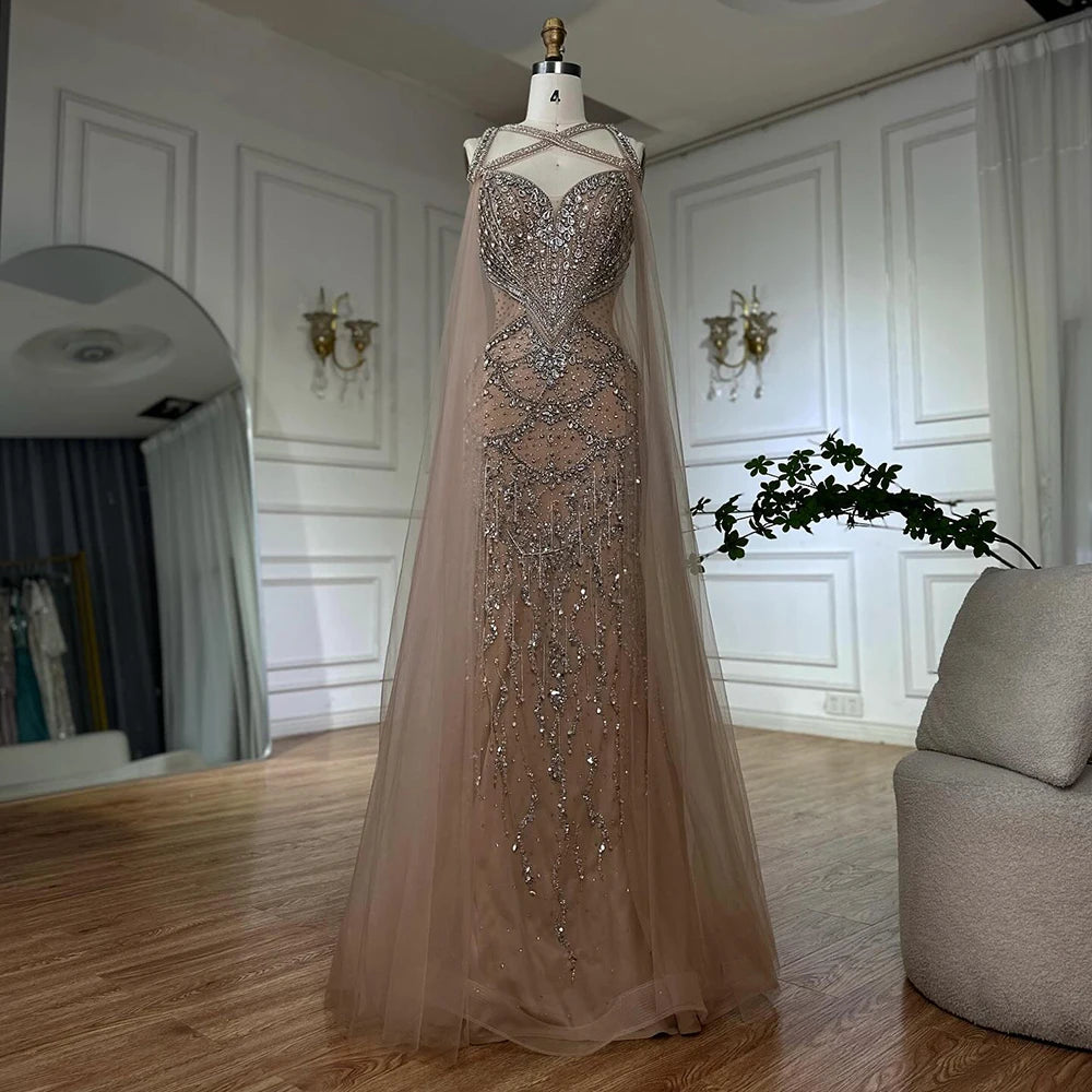 Luxury Dubai Nude Cape Sleeves Beaded Crystal Arabic Evening Dresses Gowns For Women Wedding Party LA72806 - Elegant Formal Gown for Bridal Shower, Red Carpet Events & Special Occasions