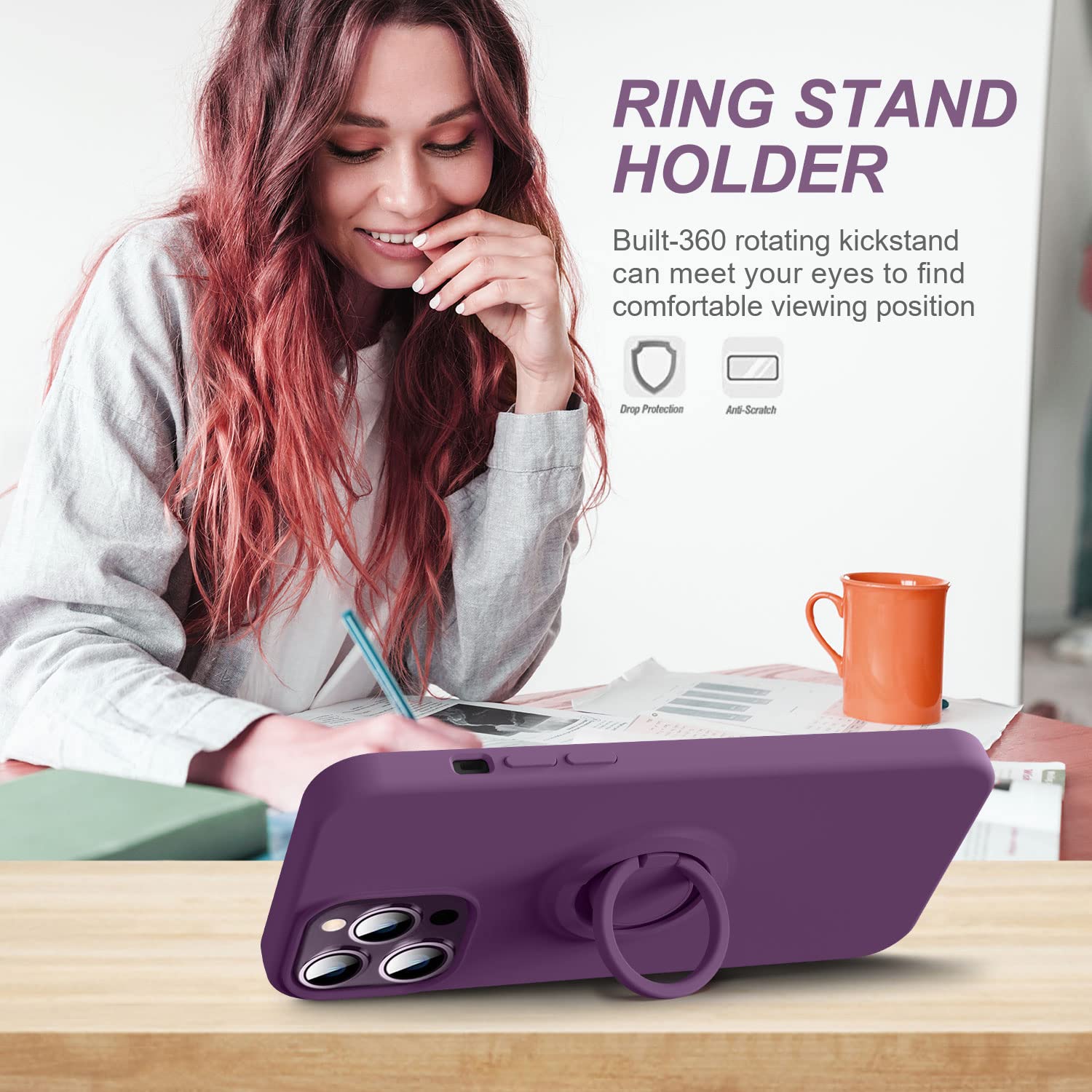Premium Soft Liquid Silicone Shockproof iPhone 14 Pro Case with Ring Stand Holder - 6.1 Inch Slim Protective Cover with Scratch-Resistant Microfiber Liner (Grape Purple) - Perfect for Everyday Use, Travel, and Hands-Free Viewing