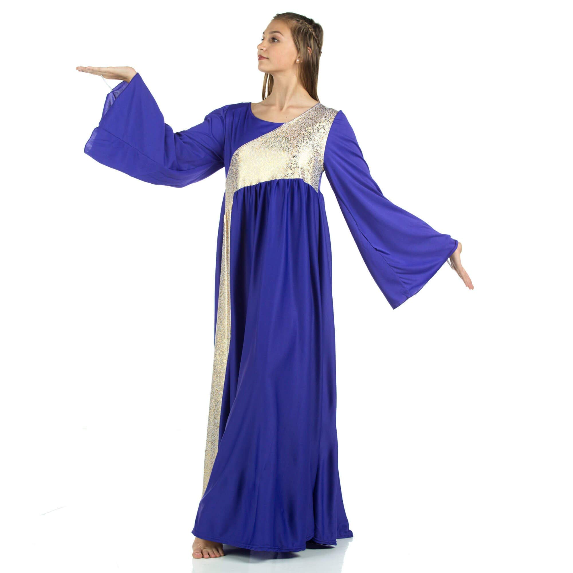 Danzcue Women's Shimmery Asymmetrical Bell Sleeve Dance Dress - Elegant Performance Costume for Latin, Ballroom & Stage Shows