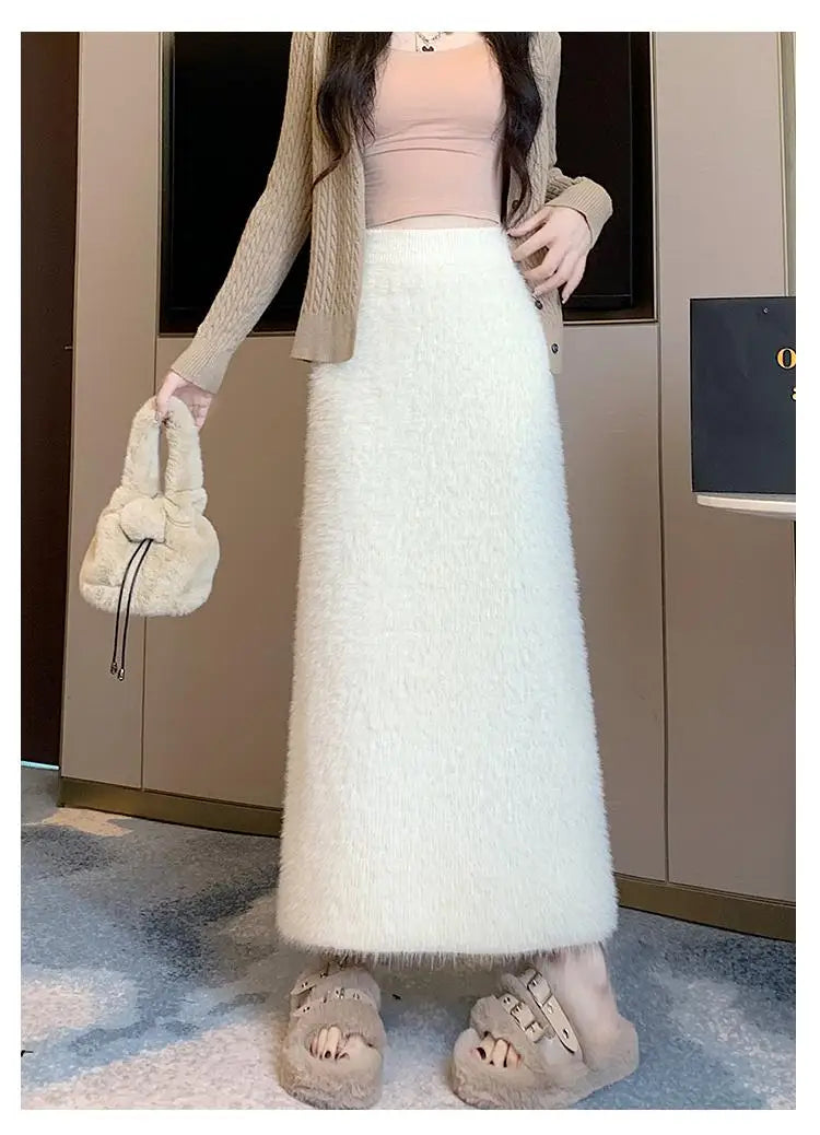 Elegant Black & White Mink Long Skirt for Women - High Waist Elastic French Knit Skirt | Winter 2024 Fashion Trend | Perfect for Vacation, Party & Office Wear