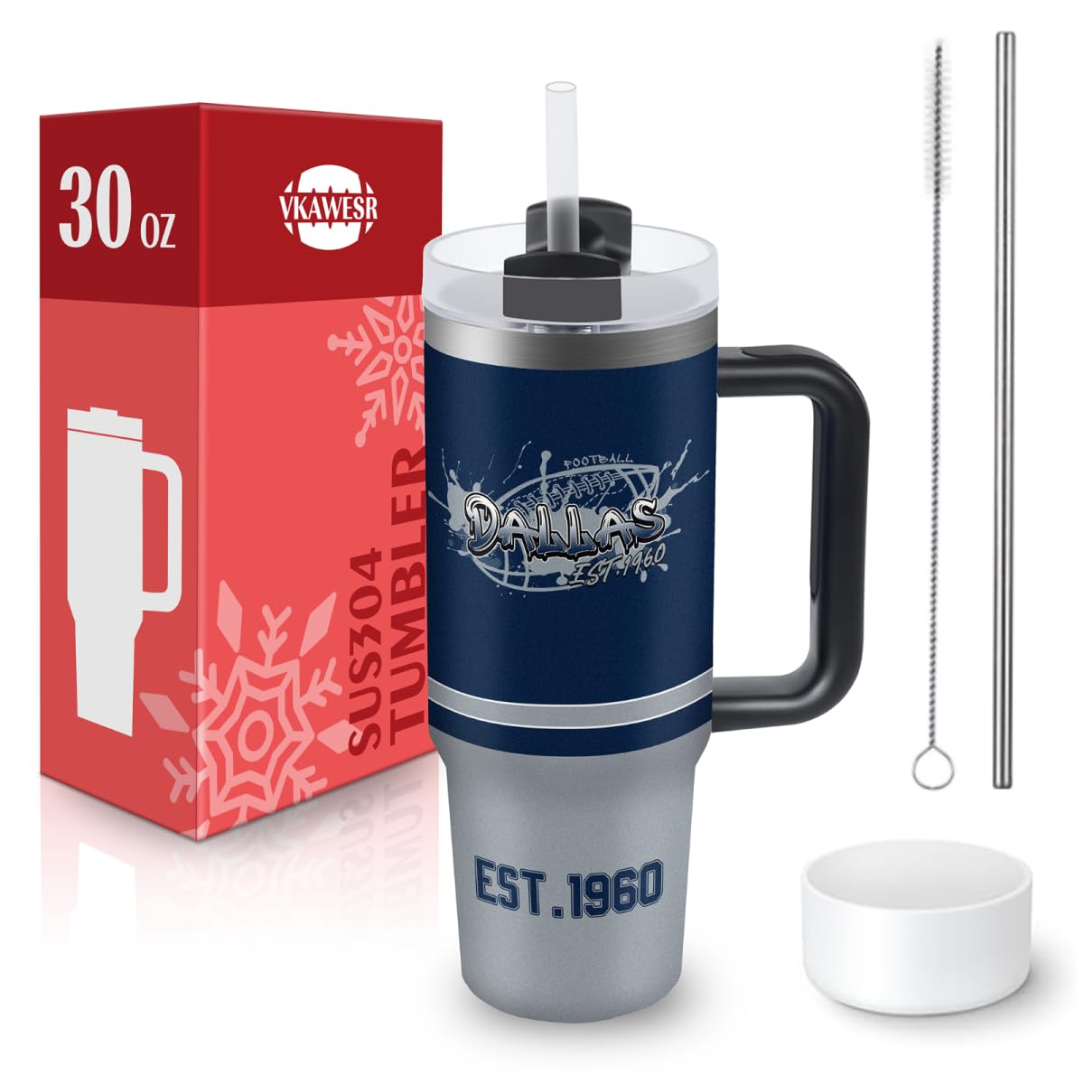 30 oz Stainless Steel Insulated Tumbler with Handle & Straw - Leakproof Travel Mug for Coffee, Tea & Cold Drinks - Dallas Cowboys Fan Gift - Perfect for Commuting, Office & Outdoor Activities