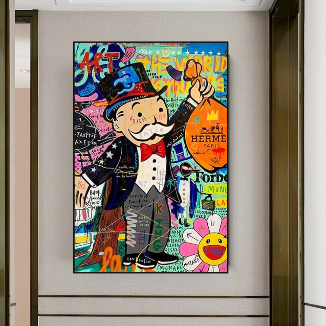 Alec Monopoly 'The World is Yours' Money Bag Canvas Wall Art - Pop Art Home Decor for Living Room, Office & Game Room