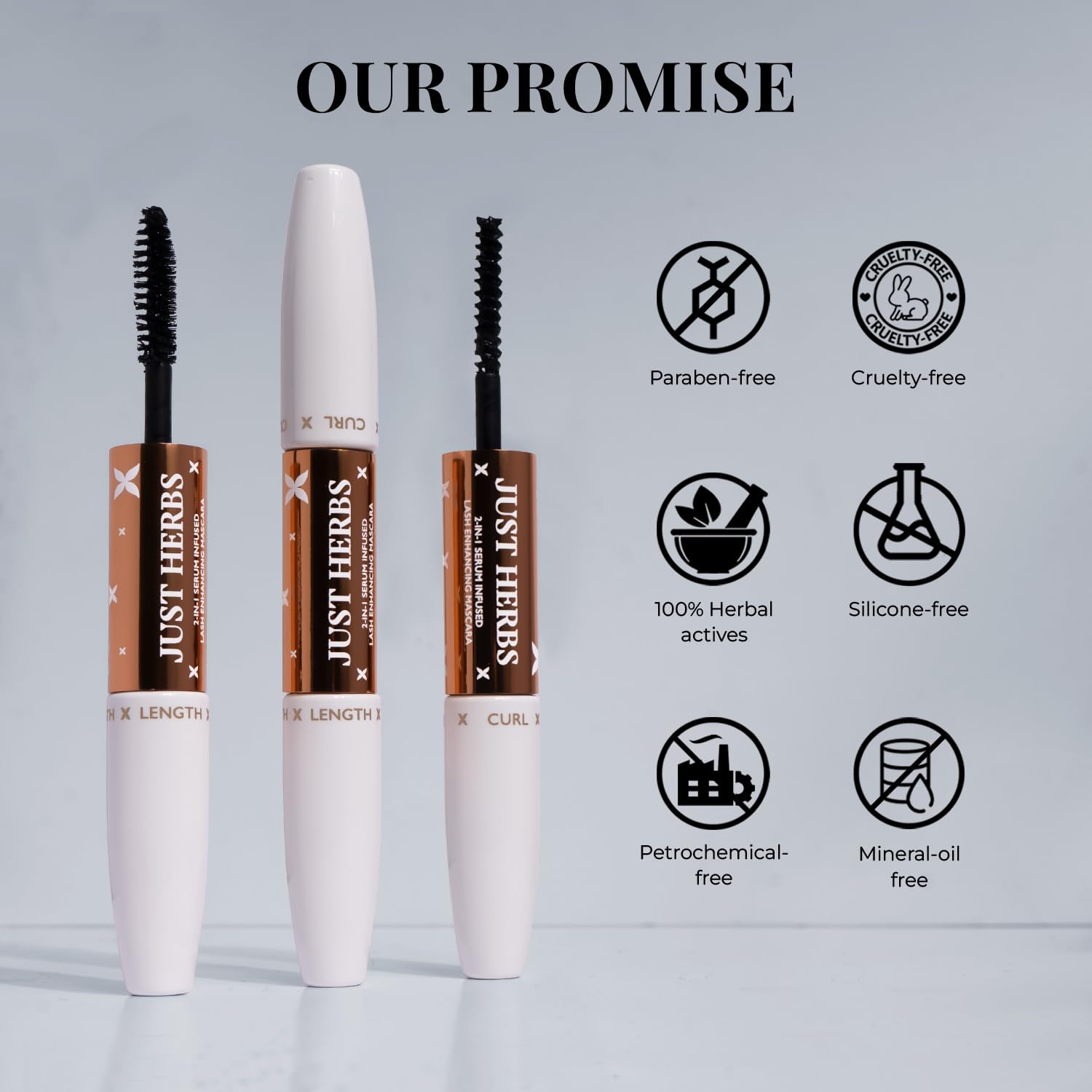 Just Herbs 2-in-1 Serum-infused Lash Enhancing Mascara with Castor Oil & Coconut Oil (8g) - Natural Lengthening & Volumizing for Day & Night Wear