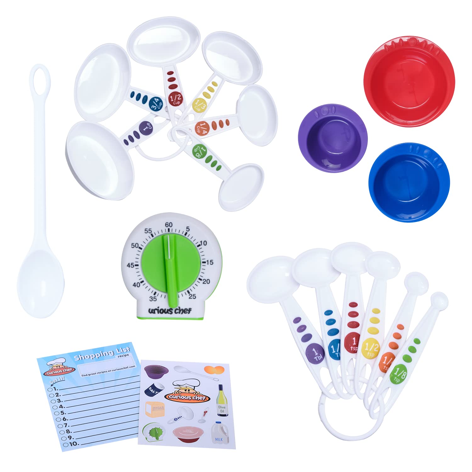 Curious Chef Kids Cookware - 17-Piece Measure & Prep Kit with Real Utensils | Dishwasher Safe & BPA-Free | Includes 6-Piece Measuring Cup & Spoon Set, 3-Piece Prep Bowl Set, Kitchen Timer | Perfect for Baking, Cooking Classes & Pretend Play