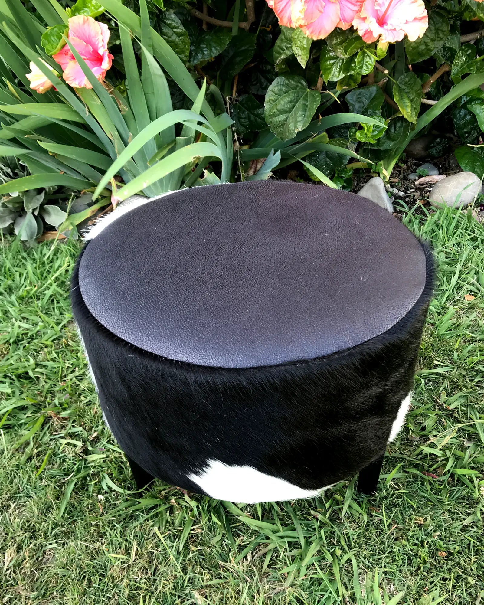 Premium Cowhide Round Footstool - 40x40x34cm Natural Leather Ottoman, Durable & Stylish Living Room Decor for Home, Office, or Lounge Comfort