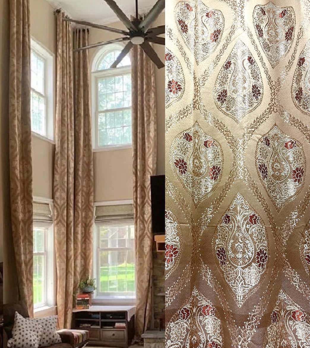 Ikiriska Extra Long Jacquard Curtains 10-20 ft - Elegant Copper & Gold Patterned Drapes (50