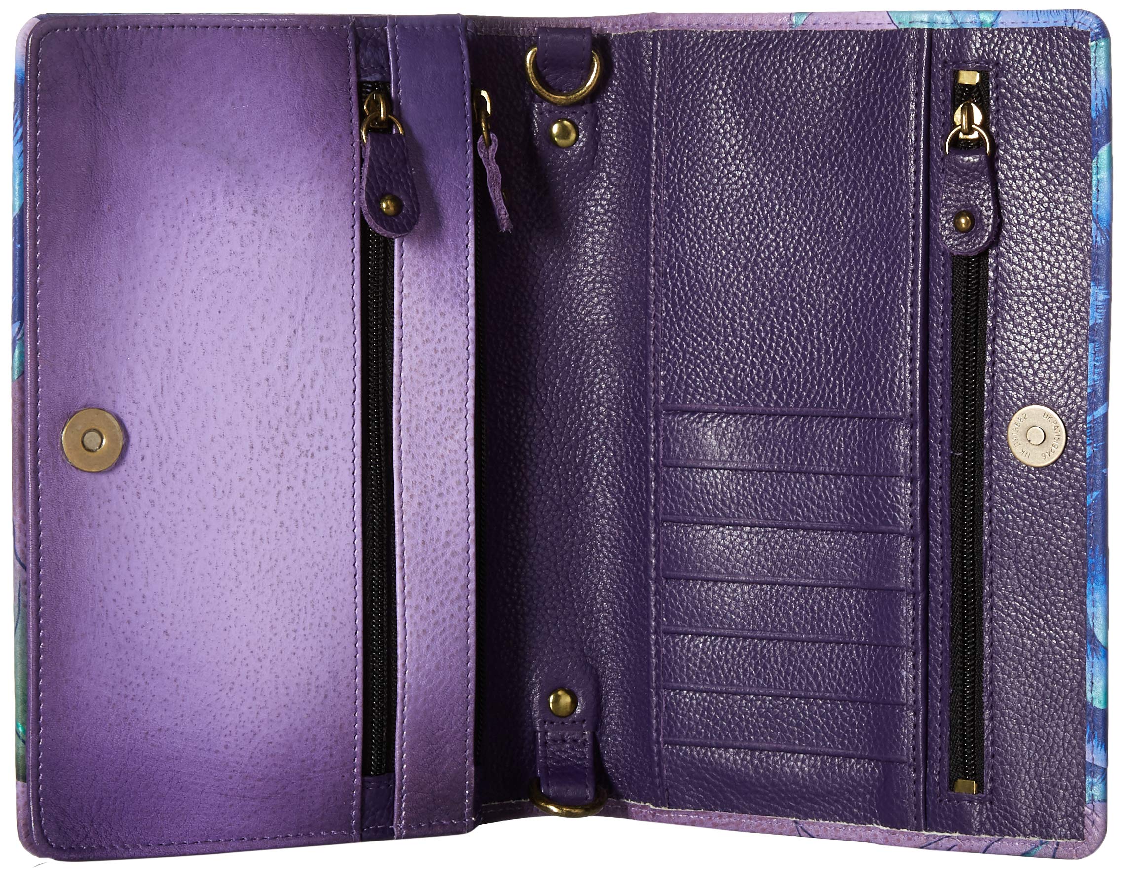 Anuschka Hand-Painted Genuine Leather Women's Wallet - Flap Organizer with Peony & Eggplant Design - Perfect for Everyday Use, Travel & Gift Giving