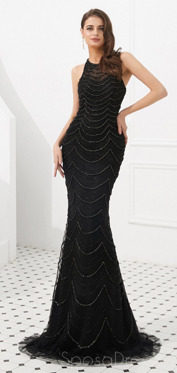 Elegant Black Lace Mermaid Prom Dress with Heavy Beading - Halter Neck Evening Gown for Formal Parties, Homecoming, and Special Occasions