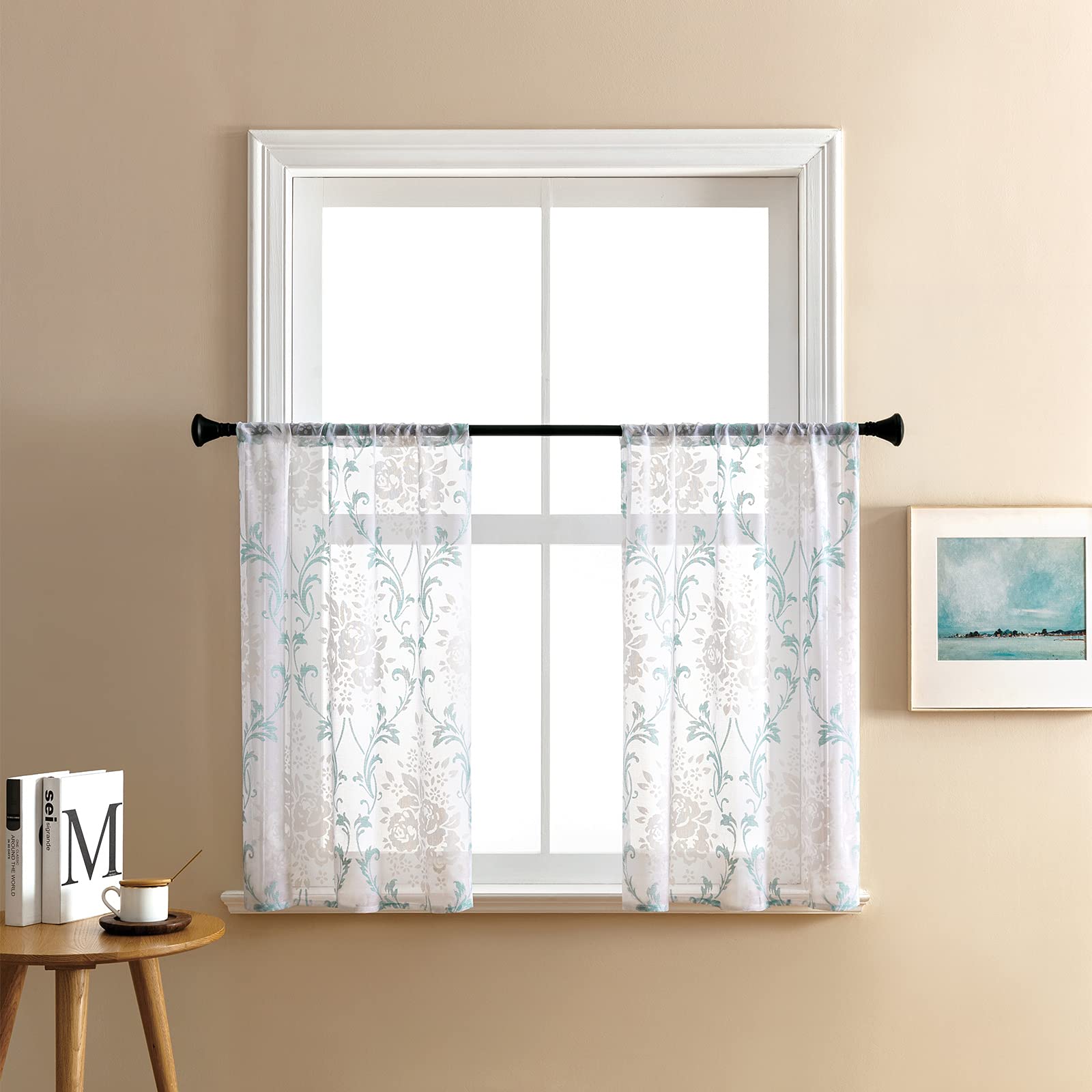 MRTREES Sheer Kitchen Curtains 24 Inch - Damask Scroll Print Half Window Curtains with Rod Pocket, 2 Panels (Aqua Blue on White) for Bathroom, Basement, Cafe & Small Windows - Floral Tiered Curtains for Cozy Home Decor