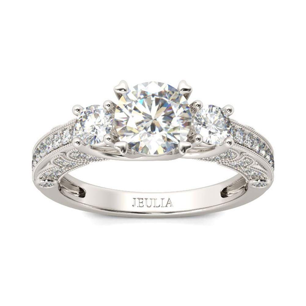 Jeulia Milgrain Three Stone Round Cut Sterling Silver Ring for Women - Elegant Bridal, Girlfriend & Wife Jewelry Gift with Jewelry Box - Perfect for Engagement, Anniversary, Birthday & Special Occasions
