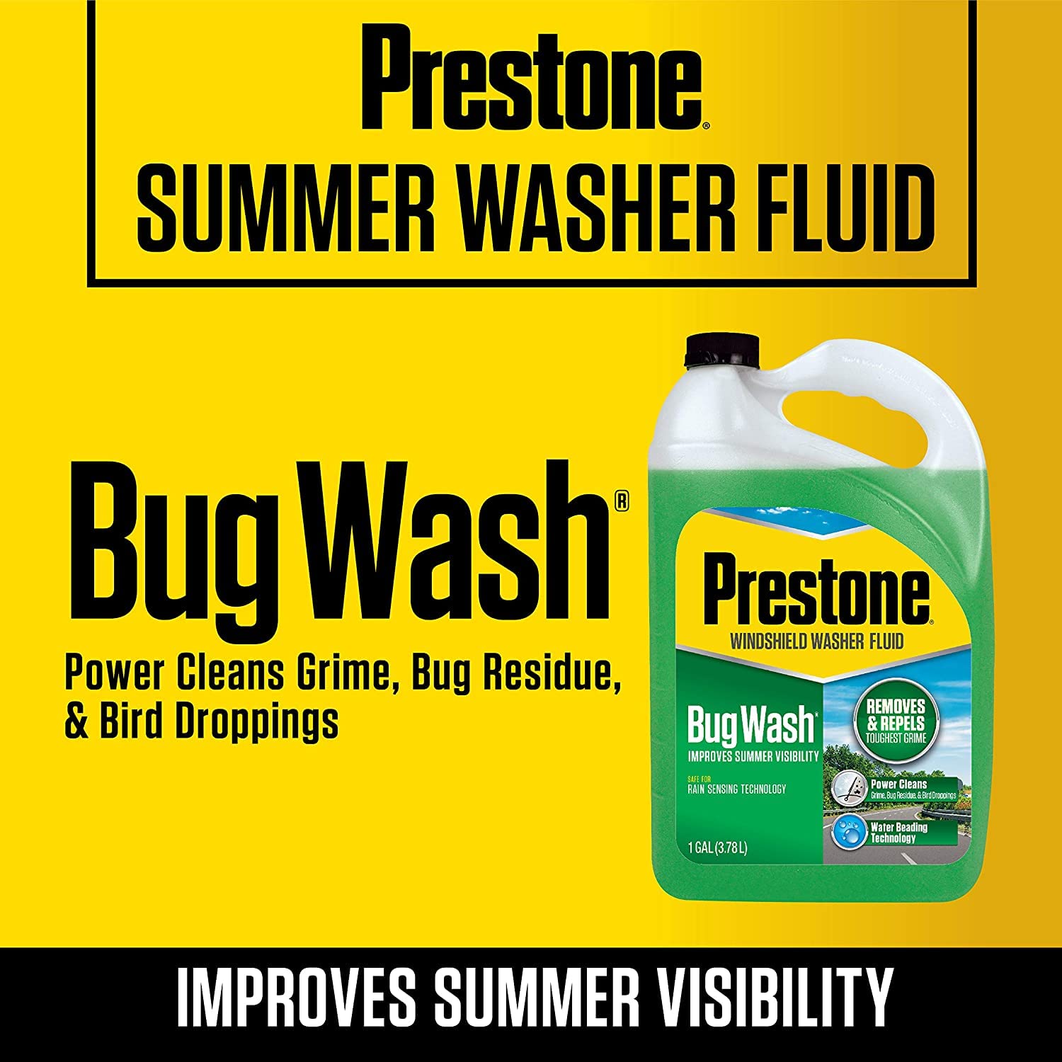 (6 Pack) Prestone Bug Wash Windshield Washer Fluid - 1 Gallon Bottles for Car Windshield Cleaning | Removes Tough Bugs, Road Grime & Dirt | Ideal for Road Trips, Summer Driving & Off-Road Adventures