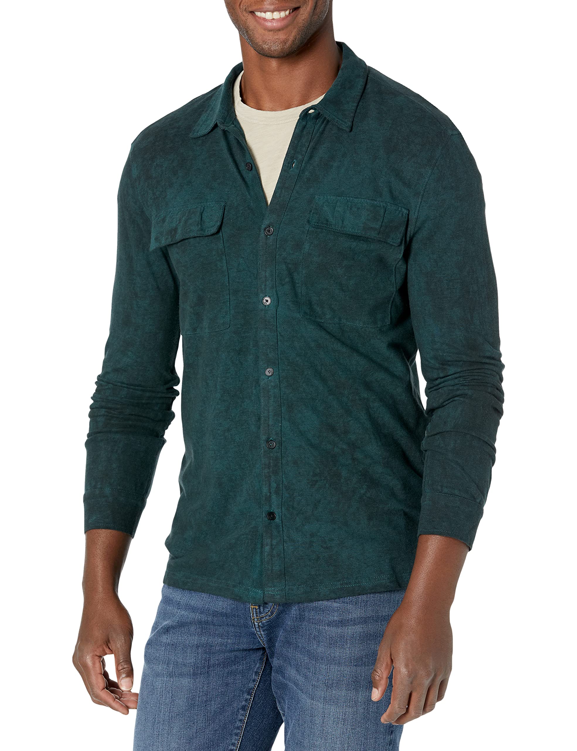 John Varvatos Star USA Men's Fenway Long Sleeve Shirt with Chest Pockets - Carbon Wash Distressed Denim Look - Perfect for Casual Wear & Night Out