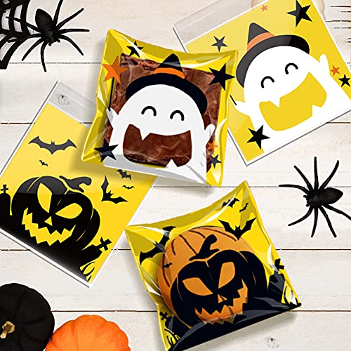 300Pcs Halloween Trick or Treat Bags - Clear Self-Adhesive Cellophane Candy Bags for Party Favors, Snacks & Gifts - 6 Styles - Perfect for Halloween Decorations, School Parties & Trick-or-Treating
