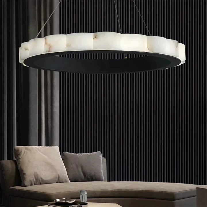 Melonie Moden Alabaster Round Chandelier in Black - Elegant Dining Room Lighting Fixture for Kitchen Island, Foyer, and Bedroom