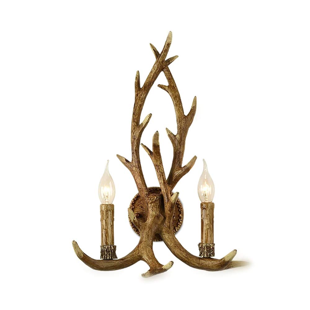 Vintage Deer Horn Wall Sconce - Antique Industrial 2-Light Wood Finish Wall Lamp for Dining Room, Living Room, Coffee Shop & Restaurant Decor | Perfect for Rustic, Farmhouse & Retro Interior Lighting