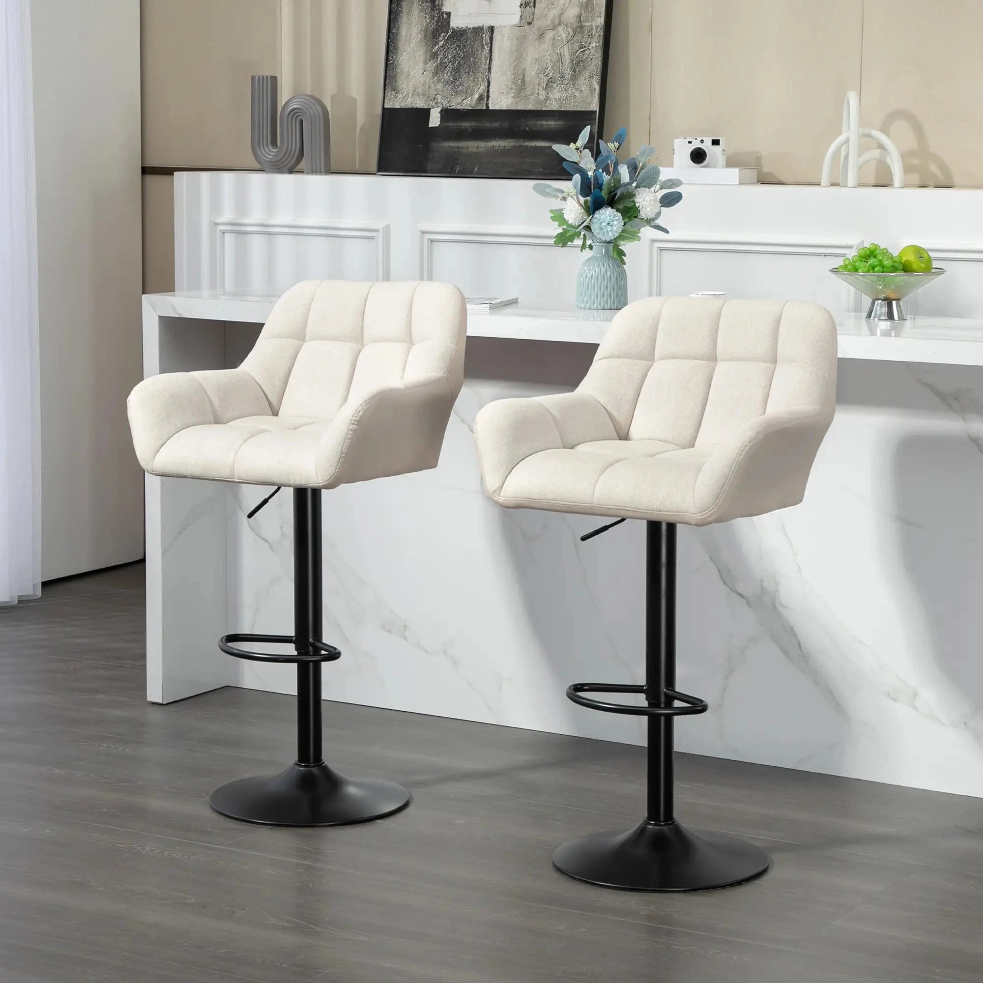 Swivel Adjustable Bar Stools (Set of 2) - Faux Leather & Linen Touch Fabric - 5 Color Options - Perfect for Kitchen Islands, Home Bars & Dining Areas