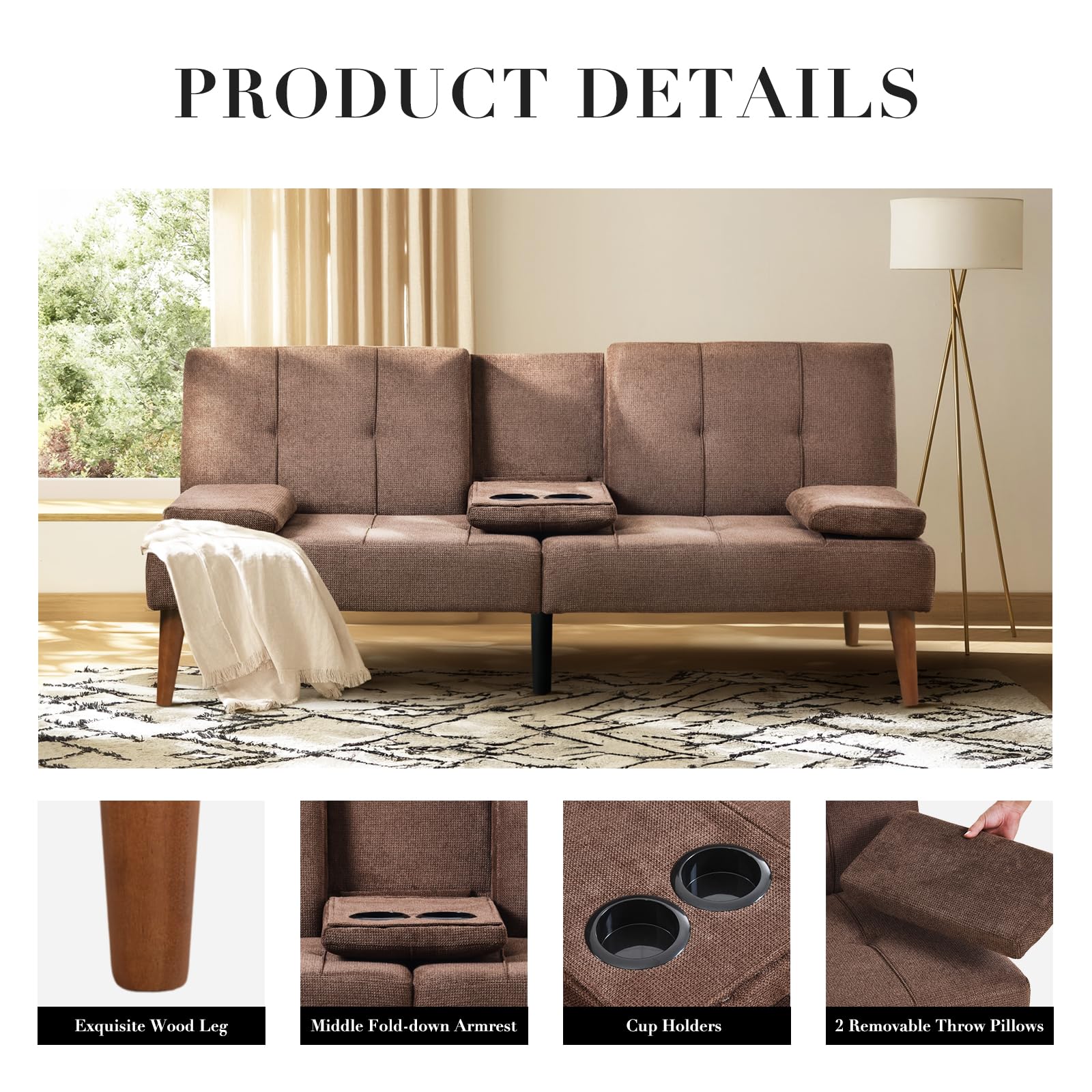 COLAMY Convertible Futon Sofa Bed - Small Fabric Couch with 2 Cup Holders & Adjustable Backrest, Removable Soft Armrests for Dorm, Bedroom, Apartment - Perfect for Small Spaces, Guest Sleeping & Lounge Relaxation (Brown)