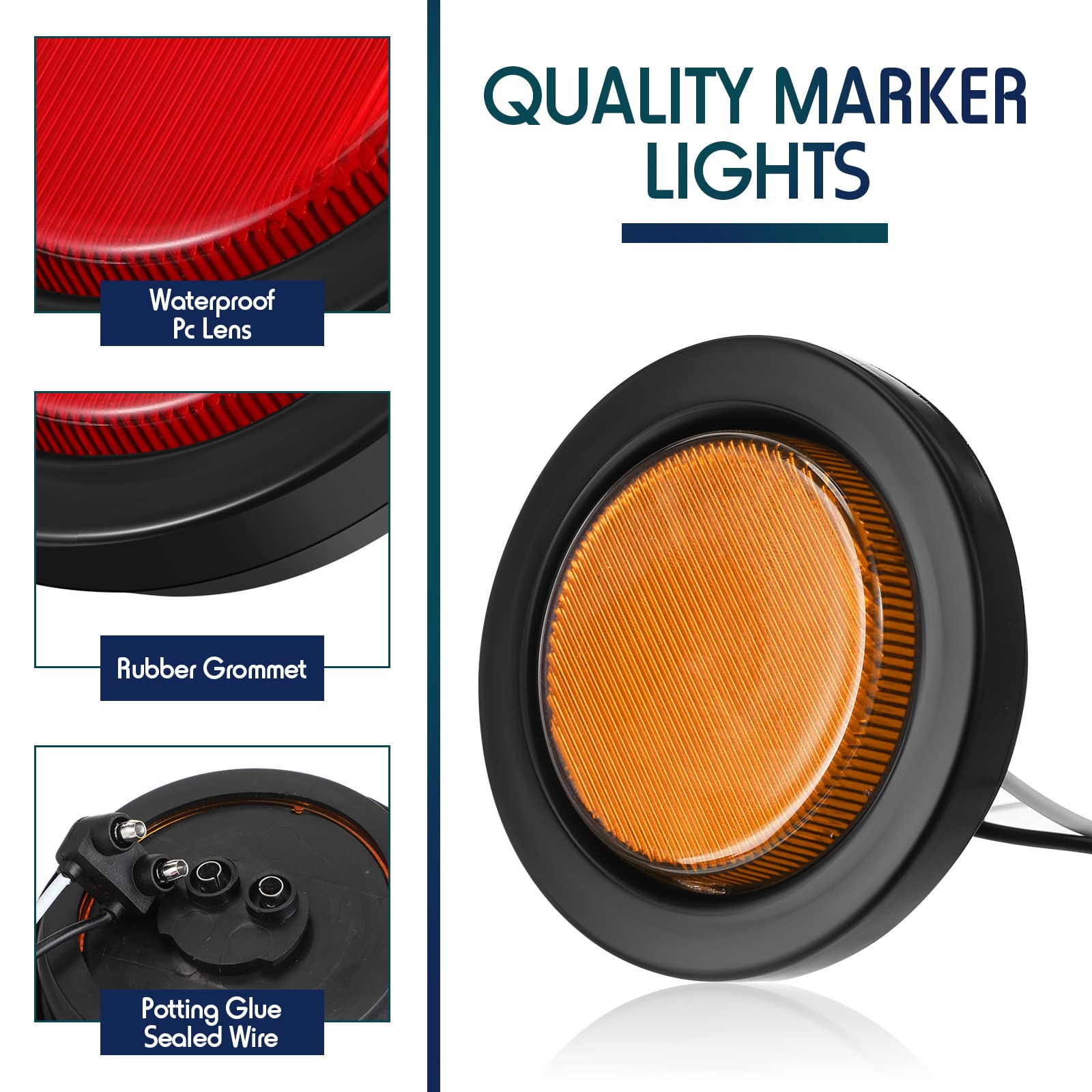 Retisee 16 Pcs 2.5 Inch Round Clearance Lights - 13 LED Waterproof 12V Flush Mount Marker Lamps for Trucks, RVs, Cars, Buses, Trailers, Vans, Caravans & Boats (Red/Amber) - Durable Side Marker Indicators for Enhanced Night Visibility & Safety