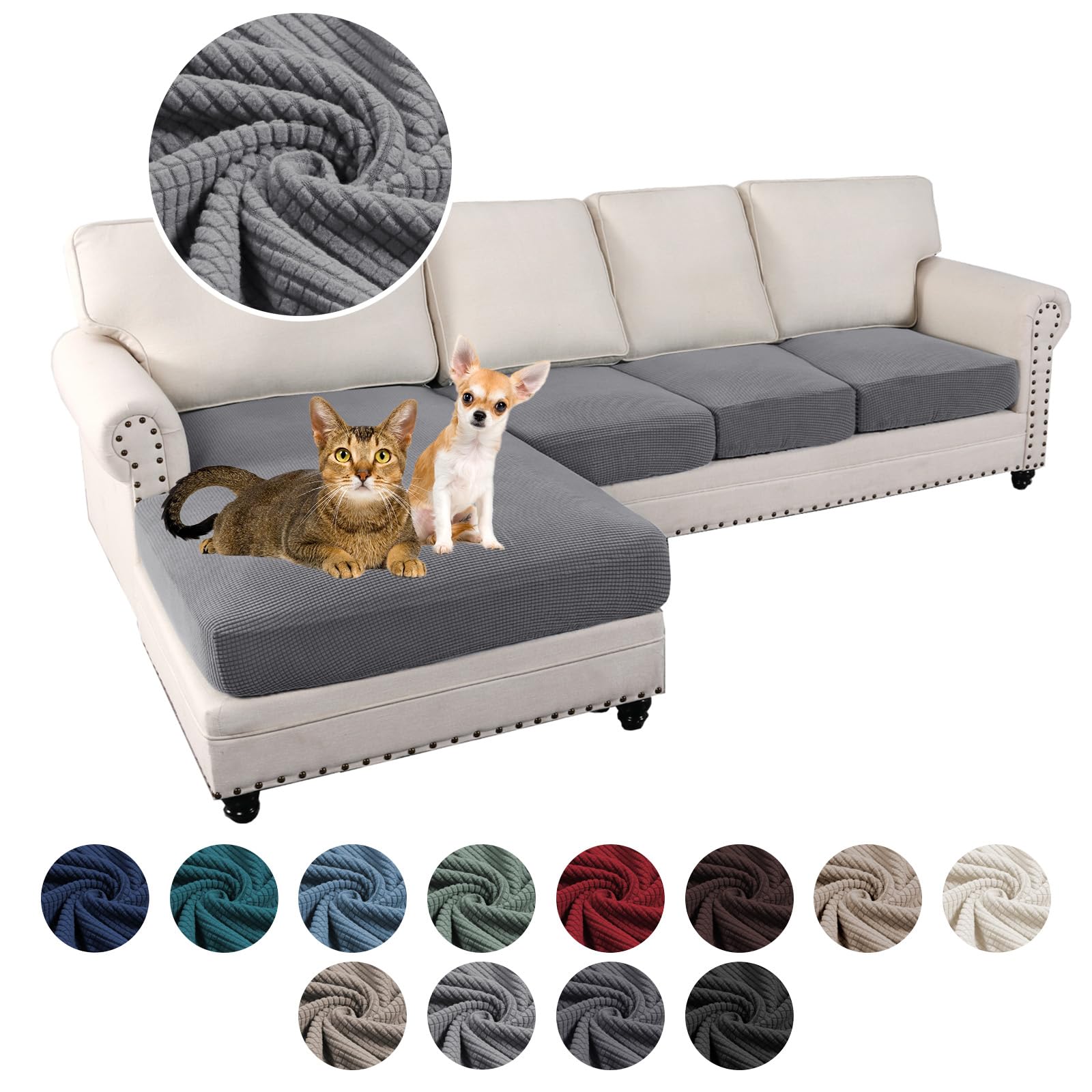 Stretch Anti-Slip Sectional Sofa Covers - 4 Piece L-Shaped Couch Cover Set with Separate Seat Cushion & Chaise Covers for Left/Right Sectionals (Light Grey, 3-Seater + Chaise) - Perfect for Living Room, Family Room & Home Theater Furniture Protection