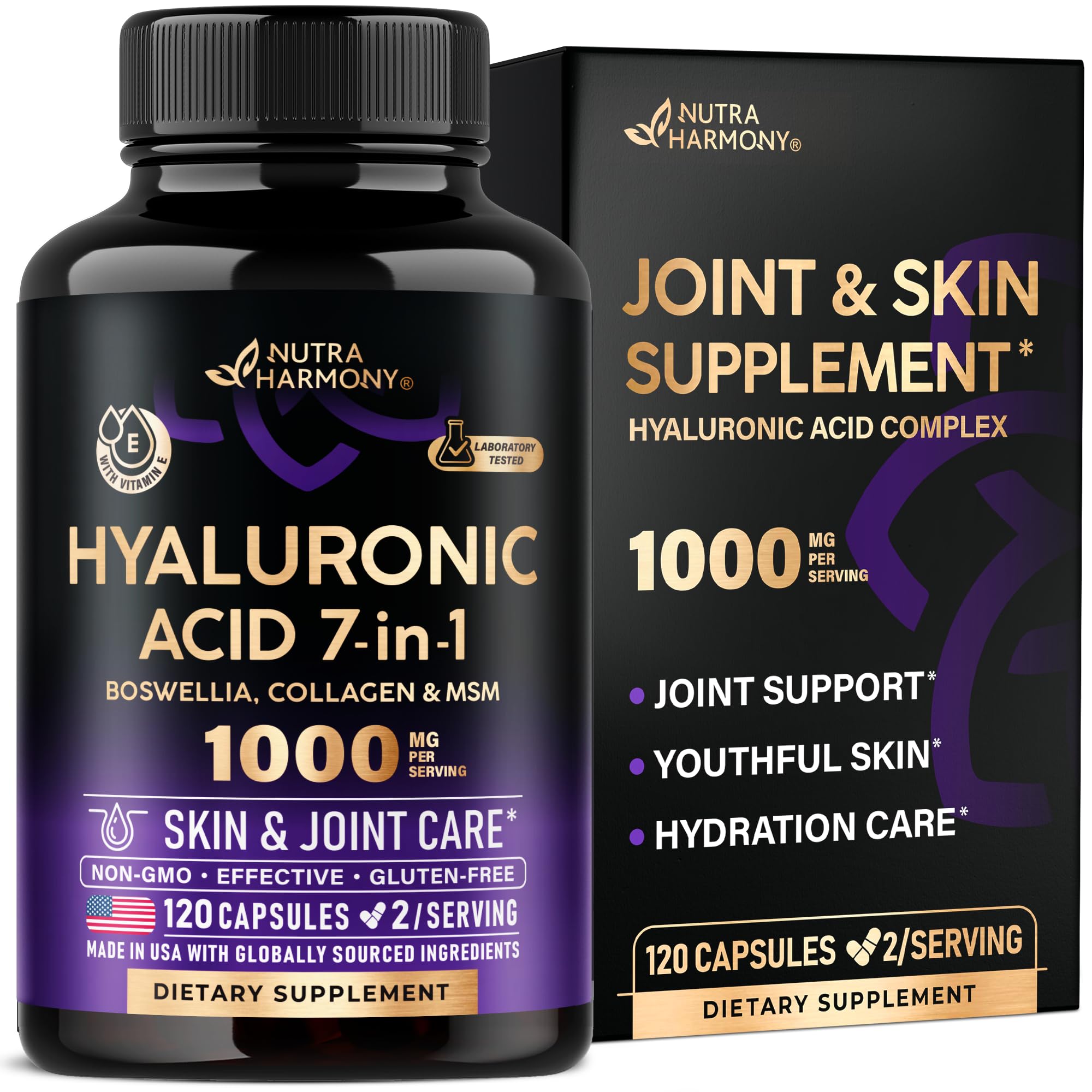 Premium Hyaluronic Acid 1000mg Supplements for Skin Hydration & Joint Support - 7-in-1 Formula with Collagen, MSM, Boswellia & Vitamins - USA Made Vegan Capsules (120 Count) - Reduce Joint Discomfort & Boost Skin Elasticity - Ideal for Active Lifestyles & Anti-Aging Skincare Routines