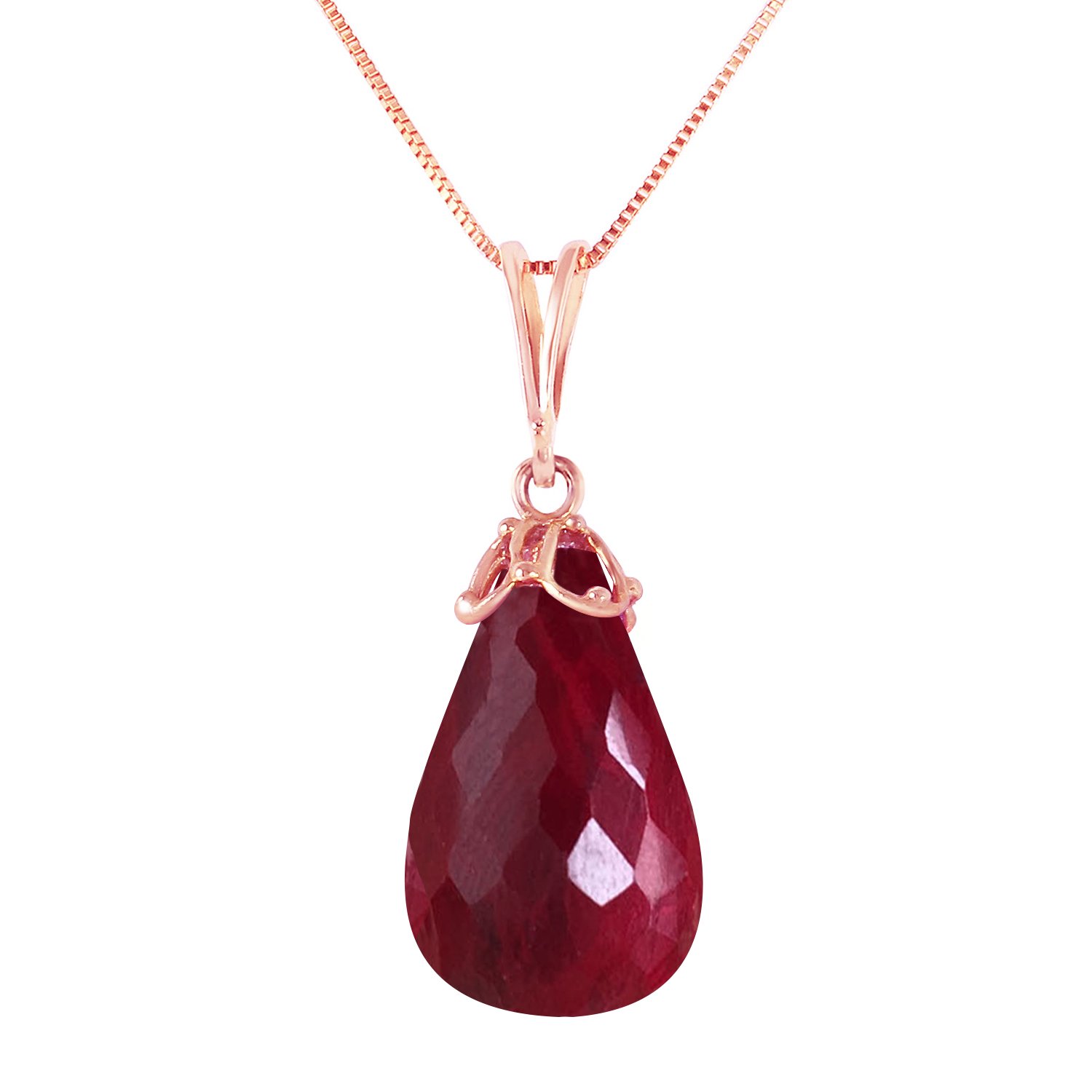 14k Solid Rose Gold Necklace with 8 CTW Briolette Dyed Ruby Pendant - Elegant Jewelry for Women, Perfect for Weddings, Anniversaries & Special Occasions