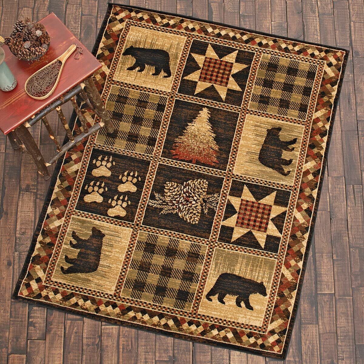 Premium Faux Sheepskin Bear Rug - Rustic Cabin Decor, Wildlife Themed Throw Rug for Living Room, Bedroom, or Lodge - Brown/Red Bear & Moose Design with 3D Head - Cozy Floor Mat for Winter & Cabin Aesthetic