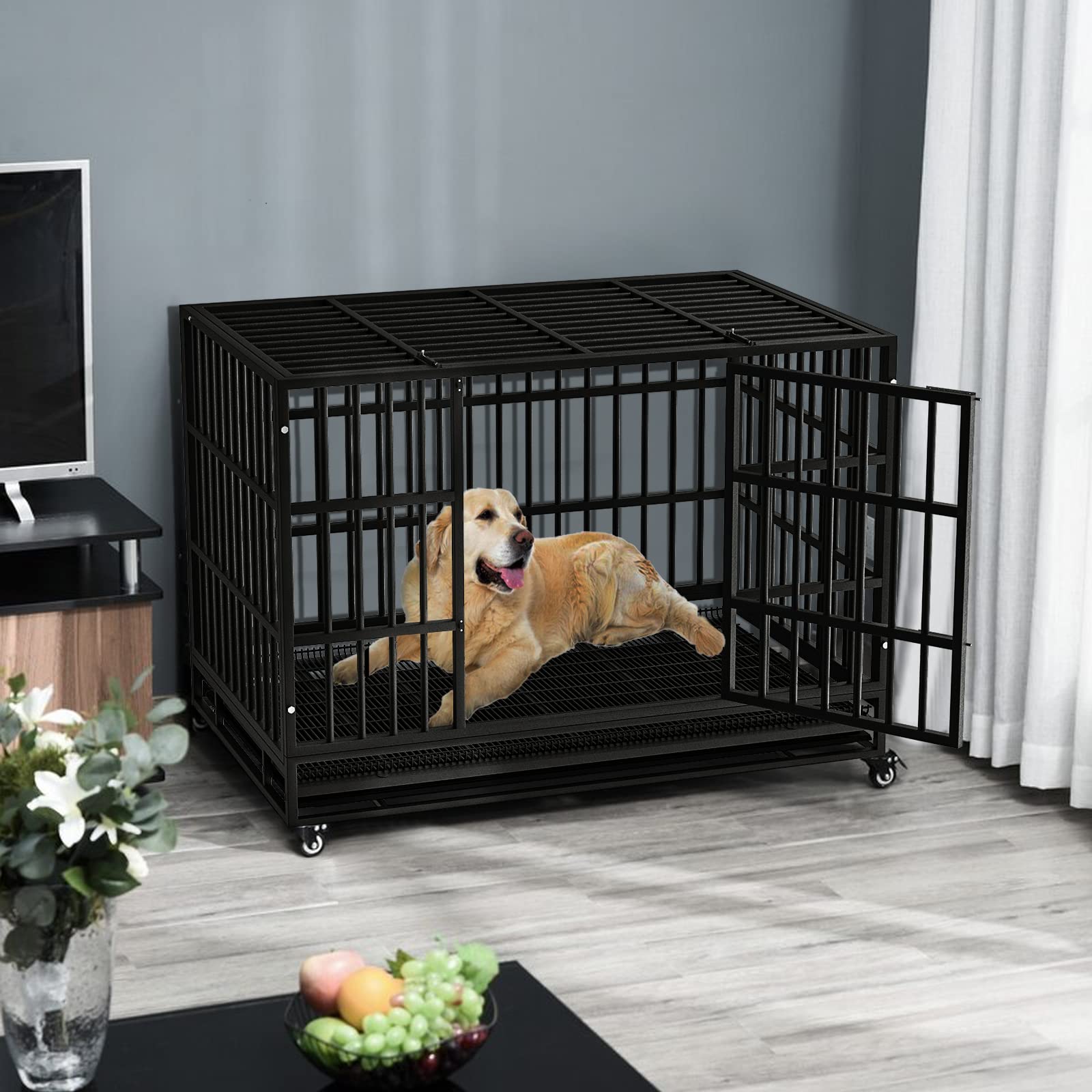 LEMBERI 48/38 Inch Heavy Duty Indestructible Dog Crate - Escape Proof Metal Dog Cage Kennel with Lockable Wheels & Removable Tray - High Anxiety Double Door Design for Large Dogs - Perfect for Home, Travel & Vet Visits