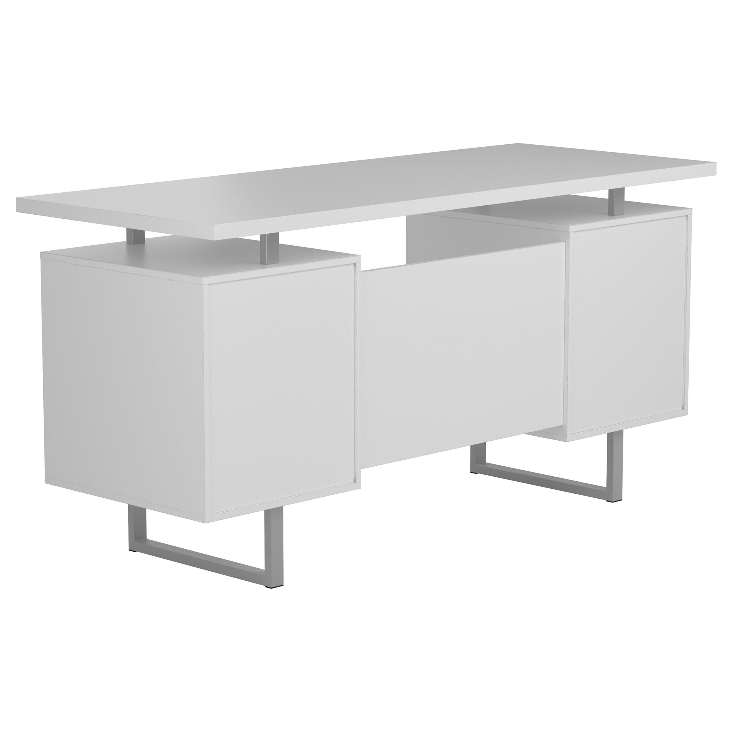 Modern Contemporary 2-Drawer Home Office Writing Desk with Storage File Cabinet - Silver Metal Frame & White High Gloss Finish - Perfect for Small Spaces, Home Offices, and Workspaces (Model 803521)