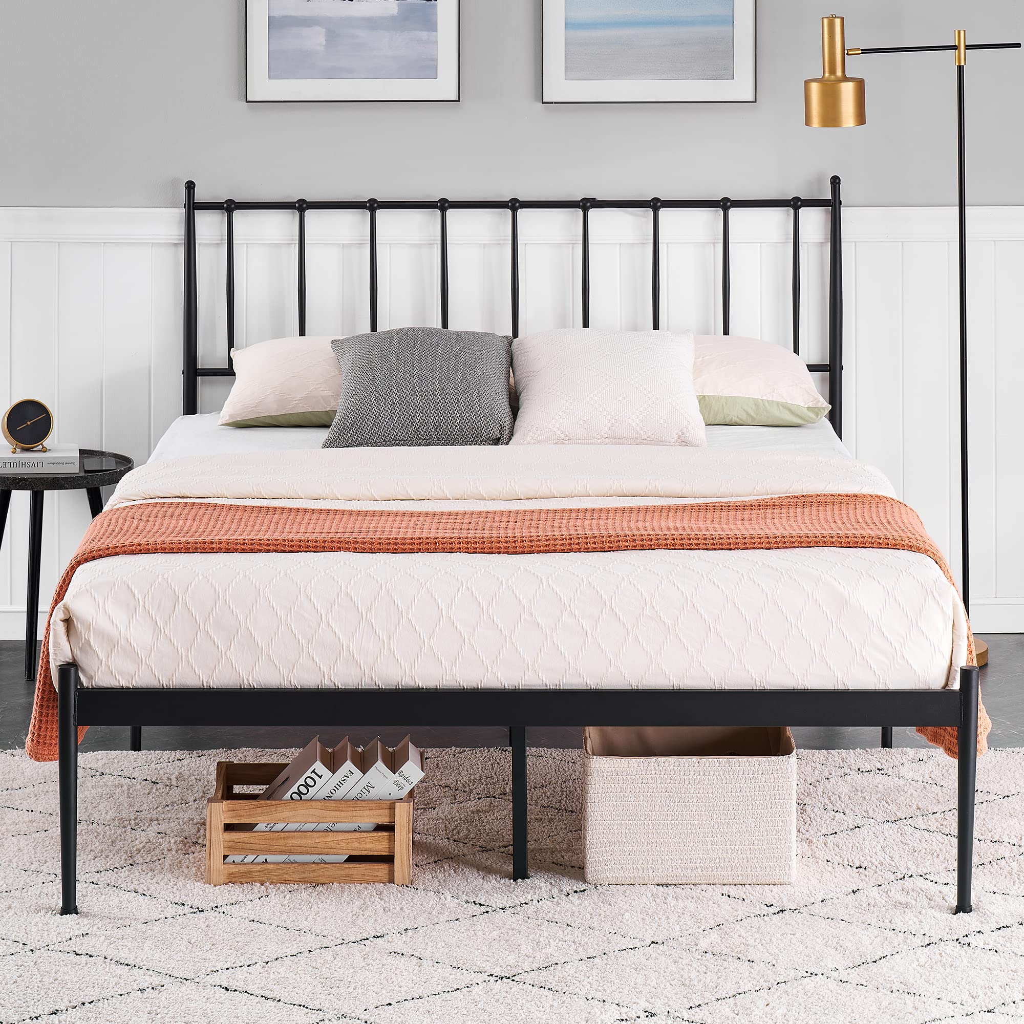 Queen Size Platform Bed Frame with Metal Headboard - Sturdy Mattress Foundation with Slat Support & 12.3