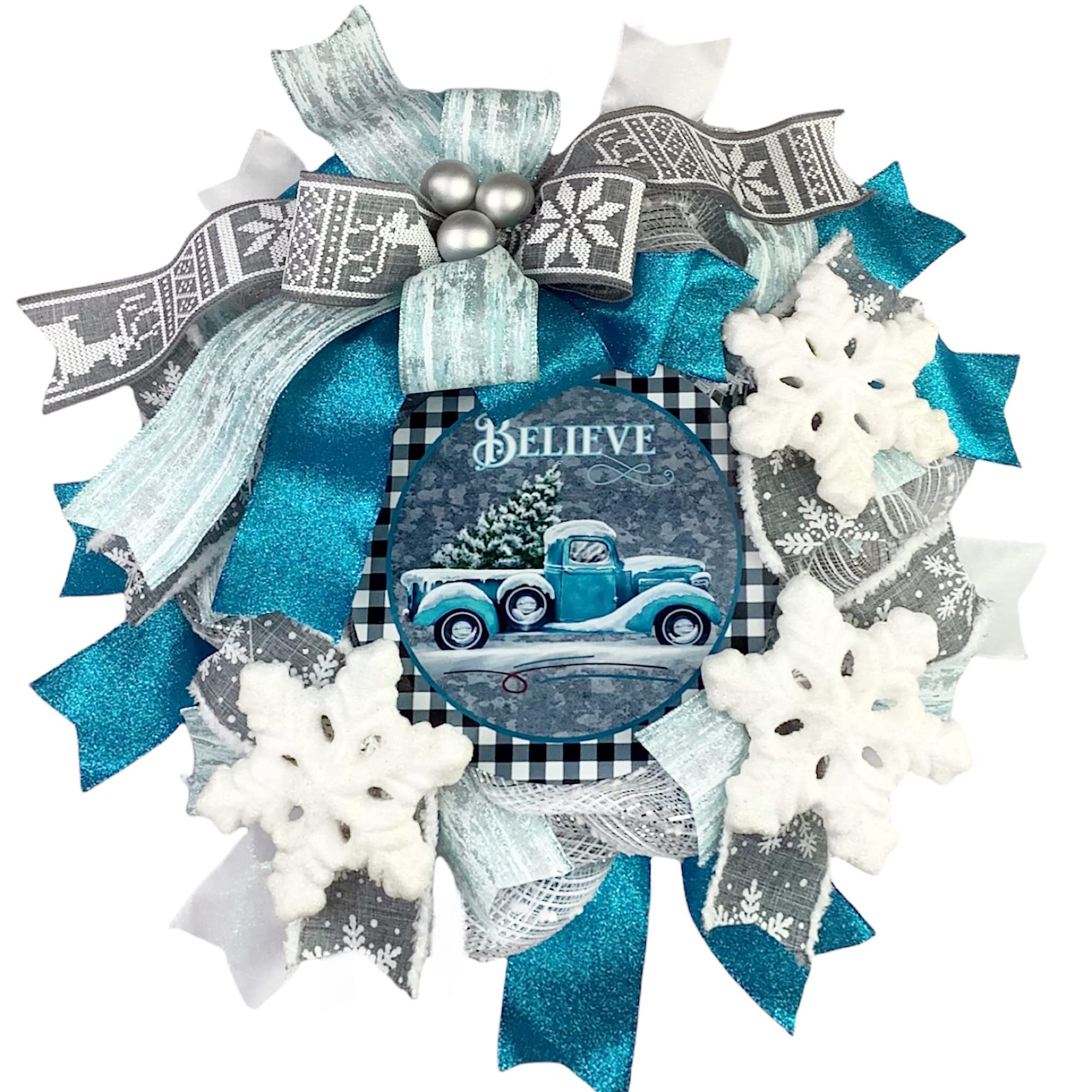 Handmade Christmas Wreath with Blue Truck Design - Ice Blue, Turquoise & Silver Grey Holiday Door Hanger - Festive Home Decor for Front Door, Fireplace & Seasonal Celebrations