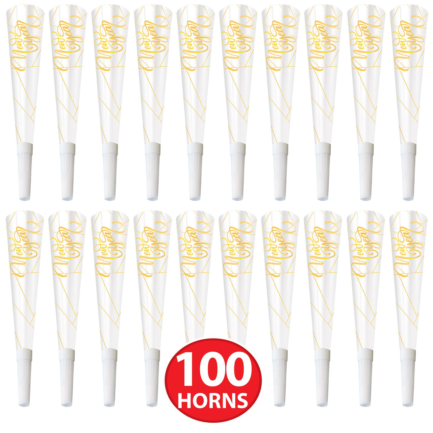 100 Pack Beistle White New Year Gold Party Horns - Fun Noise Makers for New Year's Eve Celebrations, Birthday Parties & Festive Events