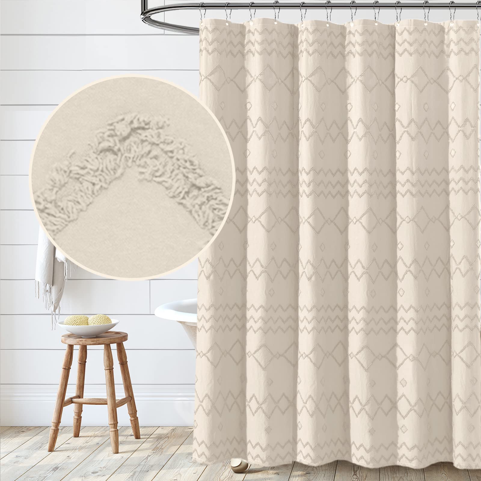 Seasonwood Beige Boho Farmhouse Shower Curtain - Waterproof Tufted Chevron Design, Minimalist Bathroom Decor with 12 Hooks (72x72 inches) for Modern, Vintage or Rustic Bathroom Styles