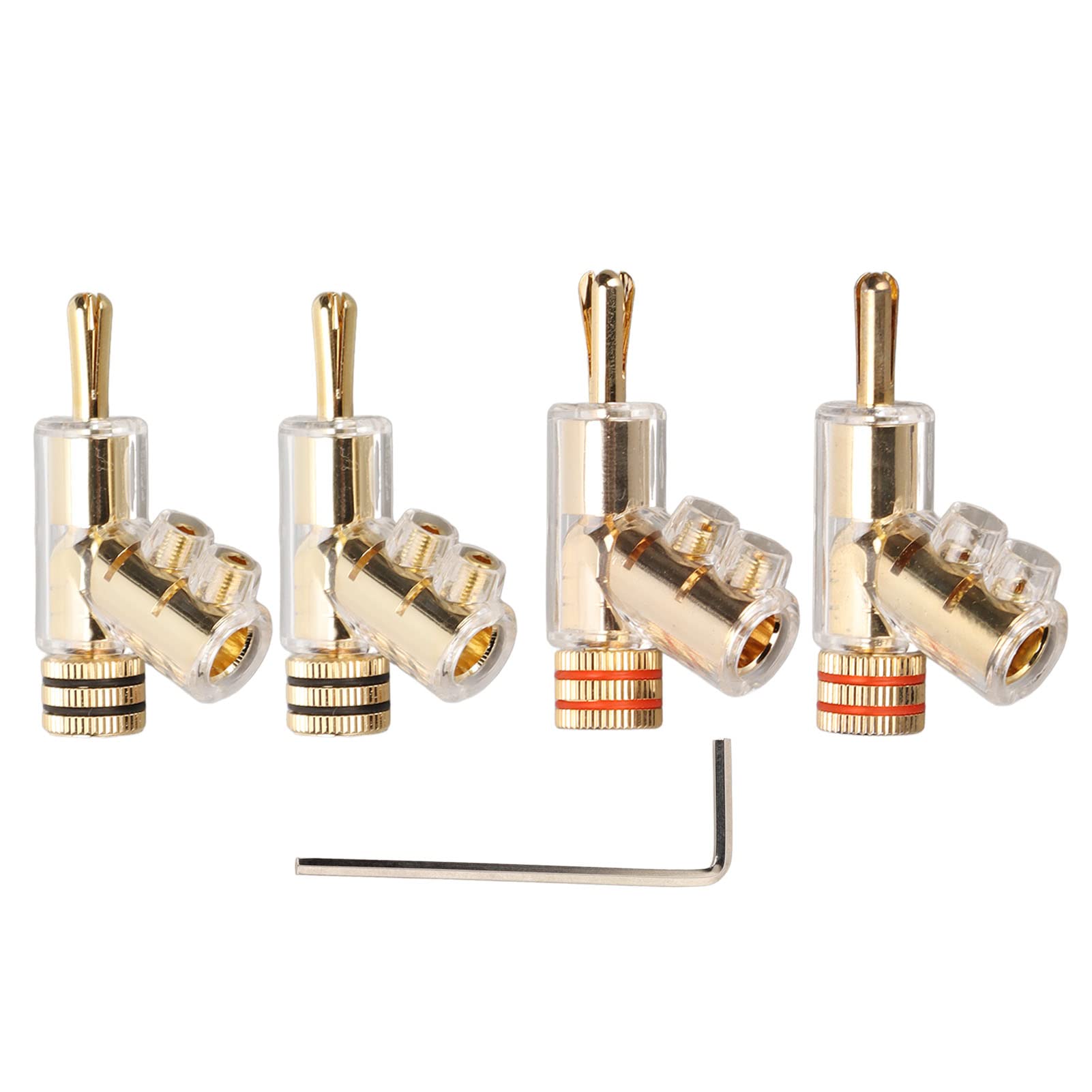 24K Gold Plated Banana Plug Connectors - 4pcs BA1403 Angled Locking Stacking Speaker Plugs for Speaker Wire, AV Receiver, Amplifier, Surround Sound - Perfect for Home Theater Setup, Audio System Installation and Wallboard Connections