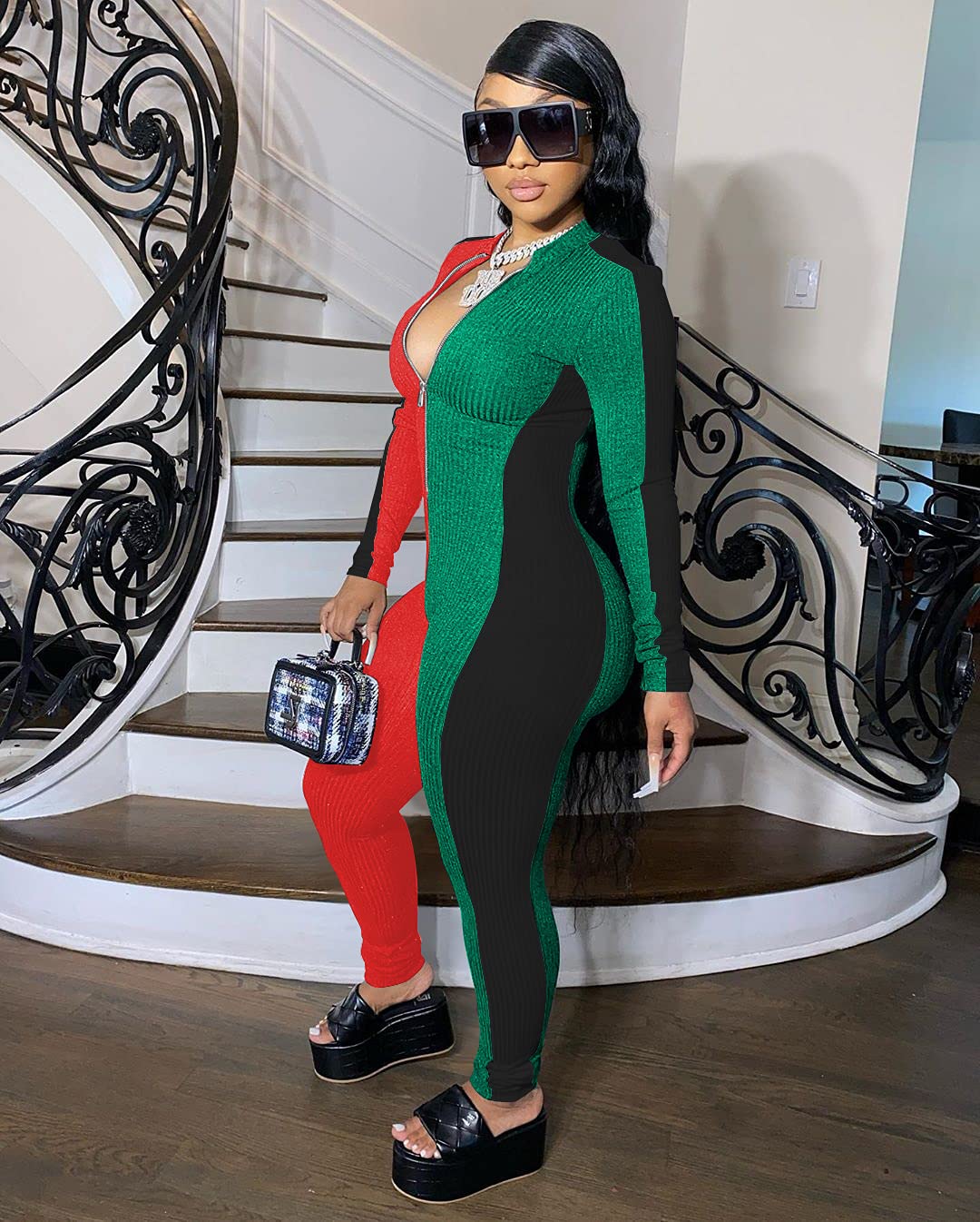 Mrskoala Women's Sexy V-Neck Long Sleeve Bodycon Jumpsuit - Comfortable Party & Club Wear One-Piece Romper for Night Out, Dinner Date, and Special Occasions