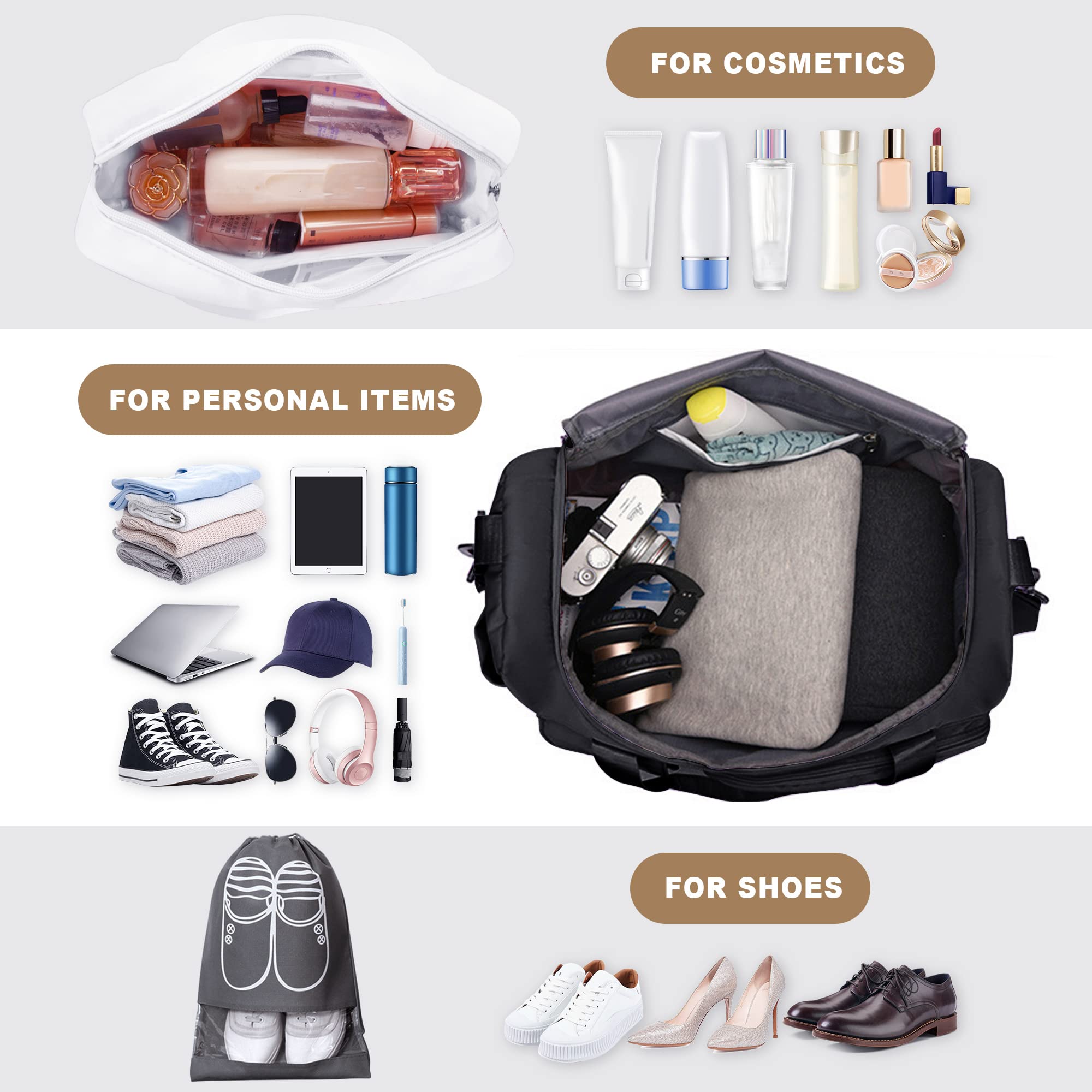 Waterproof Travel Duffel Bag for Women & Men - Large Weekender Overnight Bag with Shoe Compartment, Clear Cosmetic Bag & Shoe Bag (3-Piece Set, Black) - Perfect for Gym, Business Trips & Weekend Getaways