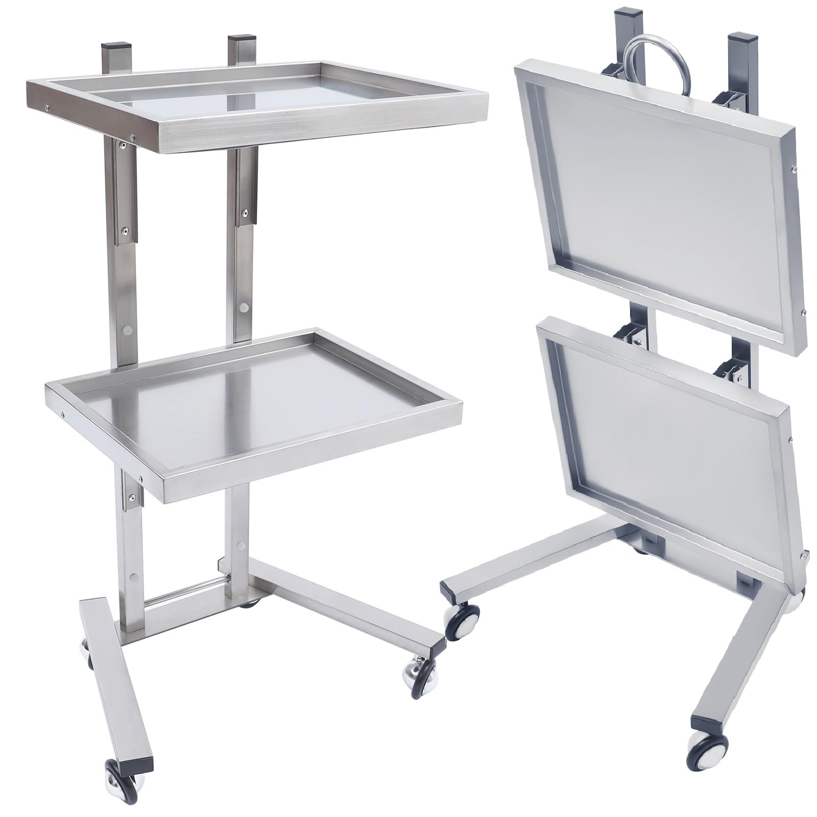 2 Tier Stainless Steel Rolling Cart with Wheels - Foldable Utility Cart for Salon, Tattoo, Kitchen & Office - Mobile Storage Trolley for Beauty Supplies, Tools & Organizing (Silver)
