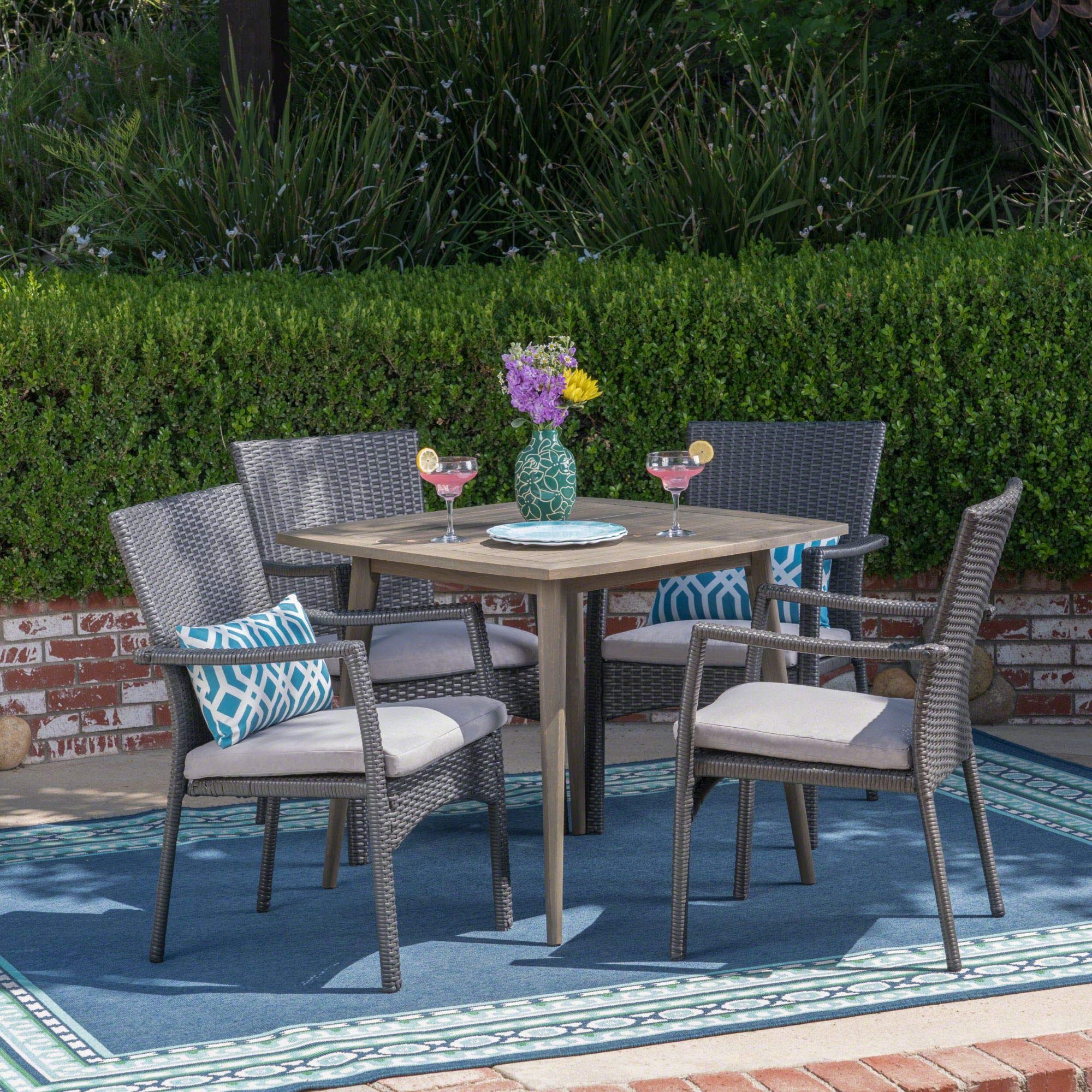 5-Piece Outdoor Patio Dining Set - Wood & Wicker Furniture with Gray Cushions for Backyard, Garden, Poolside or Deck | Contemporary Home Living