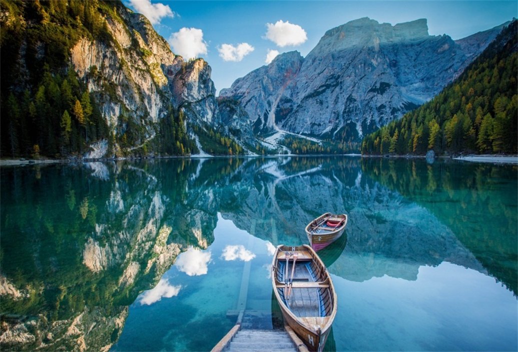 AOFOTO 8x6ft Wooden Boats Alpine Mountain Lake Backdrop - Peaceful Nature Landscape Photography Background for Spring Outdoor Scenery, Summer Vacation Photos, Studio Props, Kid & Adult Portraits, Wallpaper - Perfect for Themed Parties, Baby Showers, and Home Decor