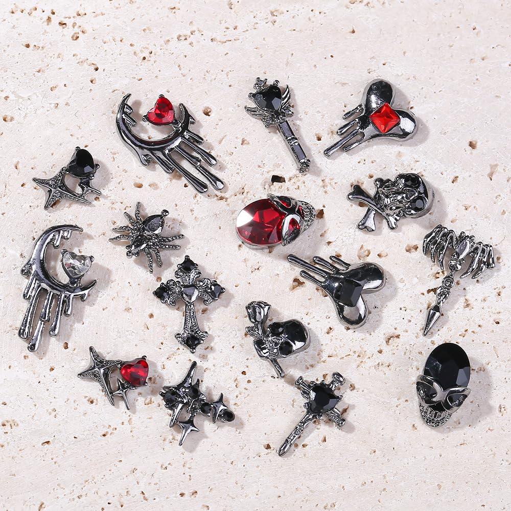 32 PCS Halloween Nail Charms - 3D Alloy Spider Skull Nail Art Decorations for Acrylic Nails, Dark Black Cross Moon Nail Gems - DIY Nail Jewelry for Women | Perfect for Halloween Parties, Costume Nail Art & Spooky Nail Designs